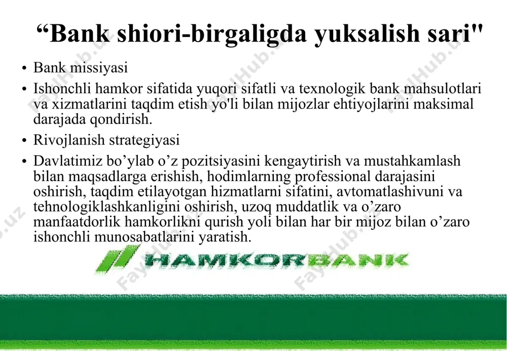 47 248.00 молиявий натижалар 30.06.2018 минг.сумда 05.11.2019 holatiga ko’ra “hamkorbank” atb davlat ulushi deyarli yuqligi innovatsiyaga e’tibor berishi raqobatchilar ko’pligi davlat ko’magi yo’qligi xalqaro munosabatlar mavjudligi xalqaro obligatsiyalar mavjudligi servis xizmati yuqori darajadagiligi risklarni to’g’ri baxolay olmaslik davlat tomonidan imtiyozli kreditlarga jalb etilishi o'zbekiston respublikasi hamda dunyo moliyaviy bozorlarda bo'layotgan o'zgarishlar, aksiyadorlik jamiyatlari to'g'risida kanal. biz bilan bo’ling o’z iqtisodiy bilimlaringizni mustahkamlang, moliya bozorida o’z foydangizga erishing. moliya bozori uz content here iqtisodiy , moliyaviy tahlillar amalga oshirish . content here jahon va mamlakatimizda iqtisodiy bo’layotgan o’zgarishlarni kuzatib borish content here moliya bozorlarida daromad olish content here bilim –ko’nikmalarni o’zaro almanish imkonyati image5.jpg image6.png image7.png image8.png image9.png image10.png image14.png image11.png image12.png image13.png image15.jpeg image16.jpeg image17.png /docprops/thumbnail.jpeg