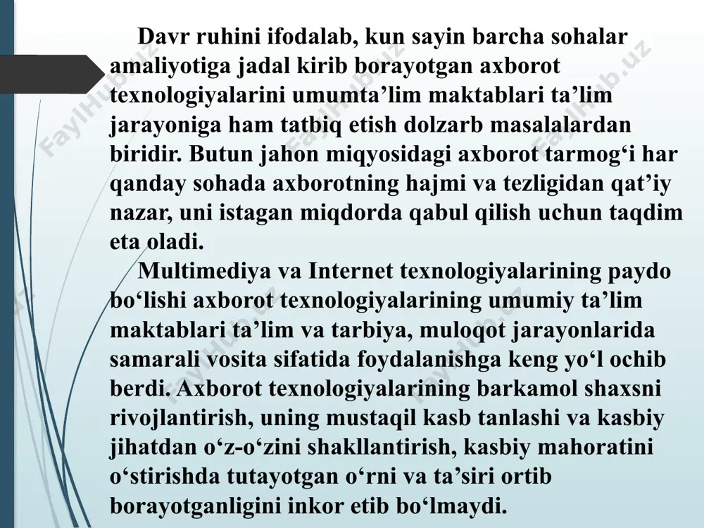 umiy tuzilishi va funksional imkoniyatlarini bilish zamonaviy operatsion tizimlarni bilish dasturlashtirish algoritmlari, tillari va paketlari haqidagi bosh­lang‘ich tasavvurlarining bo‘lishi umumiy vazifa bajaradigan zamonaviy dasturning qobiqlar va operatsion vositalarini (norton commander, windows va boshqalarini) bilish hamda ularning vazifalarini o‘zlashtirish hech bo‘lmaganda bir matn redaktorini o‘zlashtirganlik utilitar (amaliy foyda beradigan) vazifalarini bajaradigan amaliy dasturlaridan foydalanishning boshlang‘ich tajribasi axborot texnologiyalarining asbob-uskuna va dasturiy vositalari­ning juda jadallik bilan rivojlanib borishi, masalan, yangi avlod kom­pyuterlarining, yangi dasturlarining chiqishi, turli ta’limiy vazifalarni hal etish qulay texnikafiy imkoniyatlar ochib beradi. biroq ilmiy izla­nishlar o‘quv maqsadida foydalaniladigan axborot tizimlari o‘z didak­tik sifatlariga ko‘ra hali ham qoniqarsiz darajada ekanligini ko‘rsa­tadi. buning sababi shundaki, axborot texnologiyalarini o‘qitish maqsadlarida foydalanishning metodik (pedagogik) vositalari axborotlashtirishning texnikaviy vositalari rivojlanishidan ancha orqada qolib ketyapti. kompyuterning imkoniyatlari juda katta, biroq pedagogik maqsadlarda u yetarli darajada foydalanilmayapti. o‘qitish maqsadidagi axborot uni loyihalashtirish bosqichida kiritiladi. xususan, axborot — avtomatlashtirilgan o‘qitish tizimlarining ma’lumotlar bazasini yaratishda, elektron darsliklarni tuzish …