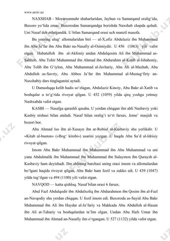 439 (1047) yilda tug‘ilgan va 494 (1100) yili vafot etgan. navqod — katta qishloq. nasaf bilan orasi 6 farsax. abul fazl abdulqodir ibn abdulxoliq ibn abdurahmon ibn qosim ibn al-fazl an-navqodiy shu yerdan chiqqan. u fozil imom edi. buxoroda as-sayid abu bakr muhammad ibn ali ibn haydar al-ja’fariy va makkada abu abdulloh al-hasan ibn ali at-tabariy va boshqalardan ta’lim olgan. undan abu hafs umar ibn muhammad ibn ahmad an-nasafiy ilm o‘rgangan. u 527 (1132) yilda vafot etgan. niyoziy — kesh va nasaf o‘rtaligidagi katta qishloq. u yerlik allomalar niyoziy yo niyoz yo niyozaviy nisbasi bilan ataladi. abu nasr ahmad ibn muhammad ibn al-hasan ibn homid ibn horun ibn al-manzar ibn abduljabbor an-niyoziy al-karminiy shu yerdandir. u abul hasan ahmad ibn muhammad ibn abduljalil an-nasafiy, al-haysan ibn kulayb ash-shoshiy va boshqalar haqida rivoyat qilgan. u haqida abu abdulloh muhammad ibn ahmad ibn g‘unja va abul abbos al-mustag‘firiy so‘zlagan. u 399 (1008) …