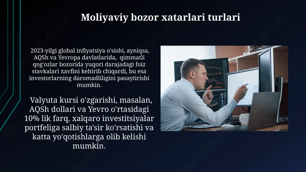 учун белгиланган бўлса-да, ноаниқлик сабабли, портфель менежерлари бу кўрсаткичга нисбатан 1-2% юқорироқ бўлишини ҳисобга олишлари керак. portfel optimallashtirish портфельни оптималлаштиришда, мисол учун, 70% акциялар ва 30% облигациялардан иборат классик портфель, жанубий африка республикасининг ривожланиш суръатига боғлиқ рақамли активларни қўшиш орқали диверсификация қилиниши мумкин. портфелнинг рентабеллигини ошириш учун, 15% фоизли даромадлиликка эга америкалик компаниялар акцияларига инвестиция киритиш билан бирга, 5% ни ташкил этувчи йиллик инфляцияни ҳам ҳисобга олиш керак. valyuta kursi xavfi европа иттифоқи ва ақш ўртасидаги савдо келишувларининг ўзгариши, евро/доллар курсига таъсир этиб, швейцария компанияларига 10 миллион евро миқдоридаги йўқотишларга сабаб бўлди. жанубий кореянинг 2022 йилдаги вон валютасининг кескин тушиши, мамлакатнинг инвестиция портфелларига салбий таъсир кўрсатиб, 5% дан ортиқ зарар келтирди. portfel boshqaruvi asoslari инвестицияларни самарали бошқариш учун, масалан, бир йиллик рентабеллик 8% дан кам бўлган активларни сотиб юбориш каби, сегментация ва активларнинг таҳлили англиядаги каби ривожланган бозорларда ҳам муҳим аҳамиятга эга. портфельни диверсификациялаш, масалан, 30% акциялар, 20% облигациялар ва …