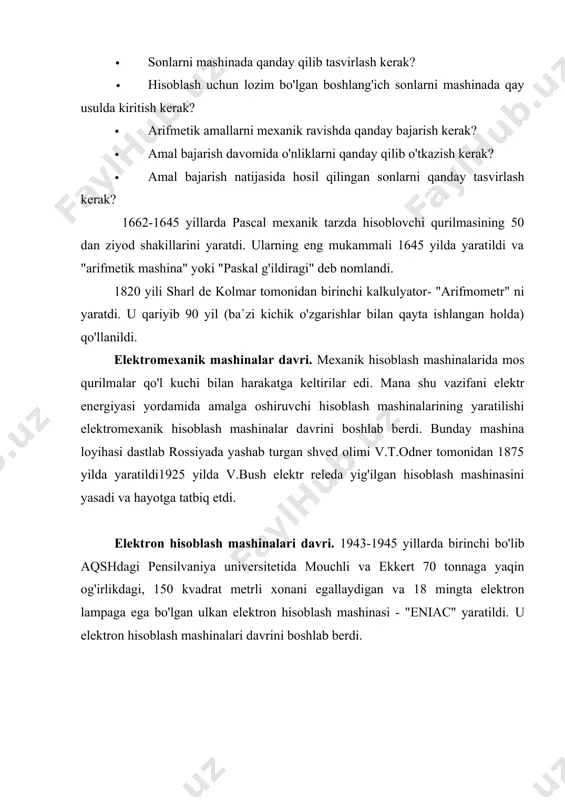kungacha elektron hisoblash mashinalarining to'rtta avlodi yaratildi: ehm avlodlari shu avlod ehm iga misol asosiy (bazaviy) elementi arifmetik amal bajarish tezligi xotira sig'imi 1-avlod 1940-1950 y besm minsk-1 elektron lampa 1 sekundda 104 gacha 1024 so'z 2-avlod 1950-1965 y besm-6 minsk-2 tranzistor diod 1 sekundda 105 gacha 32000 so'z 3-avlod 1965-1975 y minsk-32 razdan ibm-360 integral sxema 1 sekundda 2*106 gacha 2048 so'z 4-avlod 1975 yildan boshlab pravets es-1010 dan es-1060gacha ibm katta integral sxema 1 sekundda 108 va undan yuqori 1024 mbayt va undan yuqori 2. texnika xavfsizligi haqida kompyuter o'rnatiladigan xonaga kompyuterlar soniga qarab turib, quyidagi talablar qo'yiladi: ta’limni axborotlashtirish bu tinglovchilarni kompyuterda nazariy va amaliy mashg'ulotlar o'tkazish bilan bajariladi. shuning uchun kompyuter xonasida 5 tadan 20 tagacha kompyuter o'rnatilishi mumkin. bizning sharoitimizda uning soni 5 taga teng. shuning uchun kompyuter xonasini o'lchamlari quyidagicha bo'lishi kerak: 6x10x2,8 metr. stol va stullarga talablar kompyuter xonasida stol va stullarga talablar …
