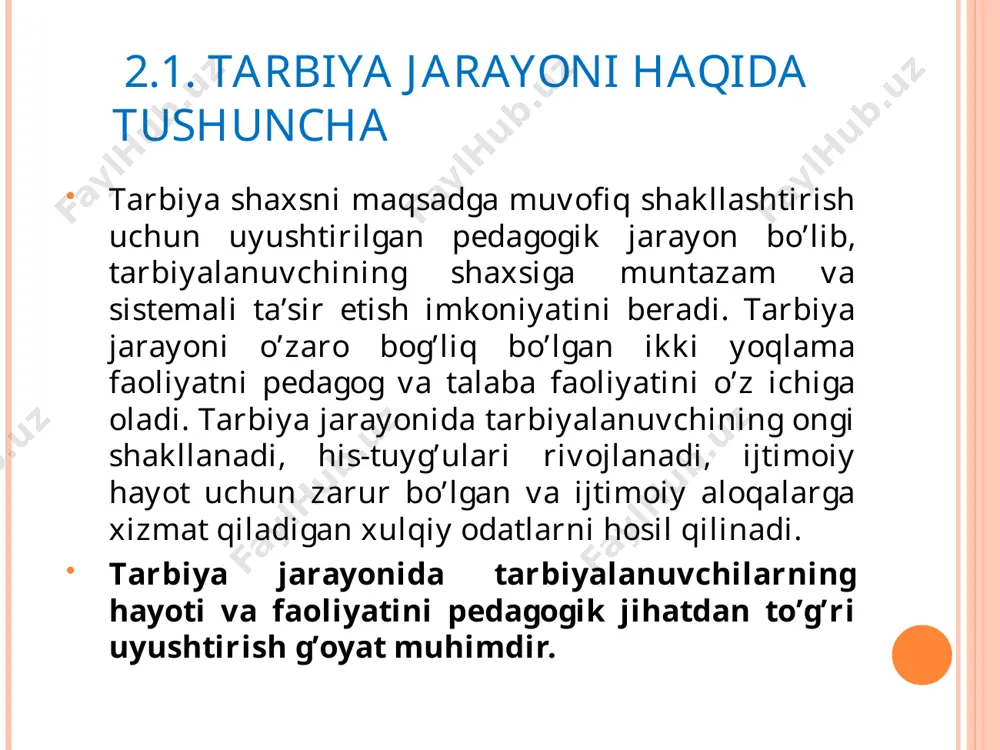nga o’z jismoniy kamchiliklarini harakteridagi salbiy xususiyatlarni yo’qotish kuch bag’ishlaydigan sabablar, qiziqishlar, maqsadlar, ya’ni ijodiy hayot natijalari hal qiluvchi rol o’ynaydi. shaxsga avvalo uning ijtimoiy qiyofasiga, kishining o’z atrofidagi odamlar hayoti bilan bog’liq holda ifodalanadigan qiyofasiga qarab baho beriladi, kishi tevarak atrofidagi odamlar bilan xilma-xil munosabatlarga ba’zan o’ziga bog’liq bo’lmagan munosabatlarga kirishib o’zining mohiyatini namoyon qiladi. shaxsning barcha xislatlari atrofdagi kishilar bilan munosabatida shakllanadi. shaxs odamlar orasidan tashqarida yashay olmaydi va shakllanmaydi. hozirgi davrda shaxsni ma’naviy jihatdan barkamol qilib tarbiyalash davlat siyosatining bosh mezoni hisoblanadi. shaxs rivojlanishiga to’g’ri yondashish uchun shaxsning tabiatini, tuzilishini uning xulq-atvorini va unga ta’sir ko’rsatish vositalarini bilish zarur. tug’ilgan inson shaxs bo’lib shakllanishi lozim. bu jarayon bir qancha omillar ta’sirida sodir bo’ladi va muayyan qonunlarga bo’ysunadi. odatda shaxs shakllanishi uchun uchta asosiy omillar tan olinadi. bular irsiyat, atrof-muhit va tarbiyadir. ushbu omillarning hech biri vaziyat va sharoitlarga bog’liq bo’lmagan holatda mustaqil ravishda shaxs shakllanishiga ta’sir eta …