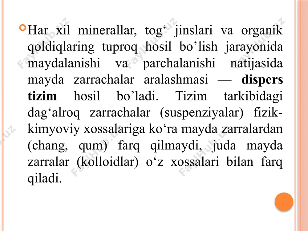 tuproqning oziq rejimini tartibga soladi, tuproq reaksiyasi, uning buferlik darajasi, suv-fizik xossalarini ham tartibga solishda ishtirok etadi. “blis” so’rov 1. tuproq hosil bo’lish jarayonida qanday dispers tizim hosil bo’ladi? 2. tuproq kolloidlari haqida tushuncha bering. 3. tuproqning singdirish qobiliyati deganda nimalar tushuniladi? 4. tuproq singdirish qobiliyatining qanday turlari mavjud? 5. tuproqning singdiruvchi kompleksi deganda nima tushuniladi? e’tiboringiz uchun rahmat!!!!