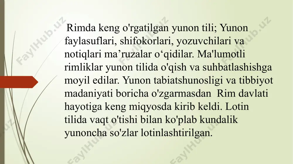 rbiy armiyalarda shifoxonalar tashkil etildi, ularga doimiy shifokorlar tayinlandi, valetudinariyalar (harbiy gospitallar) tashkil etildi, sezar davrida yaradorlarga tizimli yordam koʻrsatishning ilk izlari paydo boʻldi. galen pergamonlik galen (129-a. milodiy 216) taniqli yunon shifokori boʻlib, uning nazariyalari va kitoblari ming yildan koʻproq vaqt davomida gʻarb tibbiyotida fundamental manba sifatida foydalanildi 20 yoshida u mahalliy ibodatxonada asklepiyning terapevtlari ("nazoratchisi" yoki "hamkori") sifatida to'rt yil xizmat qildi. galen inson tanasini o'rgangan bo'lsa-da, inson jasadlarini yorib ko'rish rim qonunlariga taqiqlangan bo'lgani uchun, cho'chqalar, maymunlar, qo'ylar, echkilar va boshqa hayvonlardan foydalangan. tibbiyot va falsafaga oid koʻplab asarlar muallifi. "inson tanasining qismlari haqida"gi mumtoz asarida birinchi marta bir butun organizmni anatomikfiziologik jihatdan tasvir-lab bergan. hay-vonlarda oʻtkazil-gan viviseksiya tajribalarini tibbiyotga joriy qilgan. tabobat tarixida qon aylanish toʻgʻrisidagi dastlabki gʻoyalarni ilgari surgan. odam anatomiyasi va fiziologiyasi ilmiy diagnostika, davolash va profilaktikaning asosi ekanligini koʻrsatib bergan. image1.jpeg image2.png image3.png image4.png image5.png /docprops/thumbnail.jpeg