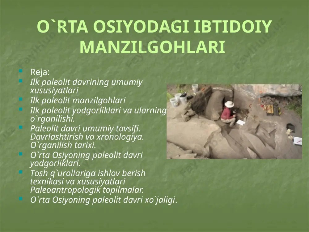 bo`lib, so`nggi poleolitda esa urug` munosabatlari shakllanadi. ilk paleolit davrida insoniyat tarixida tabiat katta ahamiyatga ega bo`lgan. inson va uni o`rab turgan tabiat o`rtasidagi doimiy munosabatlar uzluksiz jarayon shaklini olgan. ilk paleolitda biologik jihatdan – tabiiy saralanish va jinsiy tanlanish, mehnat jarayonida arxantroplar (dastlabki odamlar) o`tmishdoshlaridan juda uzoqlashib ketadilar. mehnat qurollarini yasash, qo`lning mehnat faoliyati uchun bo`shashi, uni alohida vazifalar bajarishi, go`shtli ovqatning iste`mol qilinishi va boshqa ijtimoiy va tabiiy omillar tufayli odamzod rivojlanib borgan. ilk paleolitning dastlabki davrida janubiy va o`rta evropada iqlim subtropik, janubiy osiyo va afrikada esa tropik bo`lib, issiqsevar hayvonlar keng tarqalgan. masalan, evropada fillar, begemotlar, primitiv (stenon otlar) otlar; osiyoda esa ibtidoiy xo`kizlar, karkidonlar, zebra paydo bulgan. o`simliklar esa hamisha yashil rangda bo`lgan. janubiy va markaziy evropa hududlarida-shamshod, dafna, anjir; evropaning boshqa hududlarida esa qalin, keng bargli daraxtlardan tashkil topgan o`rmonlar tarqalgan. osiyo va afrika hududlarida ham issiqsevar o`simliklar keng tarqalgan. ilk paleolitda dastlabki odamlar …