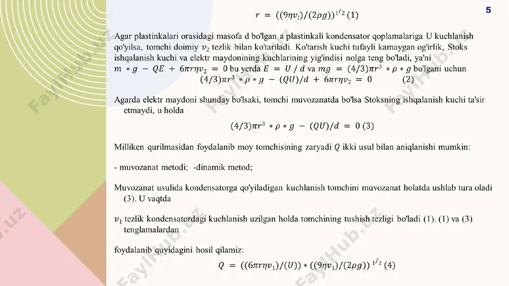 anda o'lchashi lozim. 4. tushayotgan tomchini kuzating va u ikkinchi o'lchash belgisidan o'tganda (shkala bo'limi 60) (2) pereklyuchatelni "0" holatga qo'ying. kondensator kuchlanishi o'chirilgan, b soat to'xtagan va shu vaqtda a soat ishlay boshlagan bo'ladi. 5. ko'tarilayotgan tomchini kuzating va u birinchi o'lchash belgisidan qaytadan o'tganda a soatni (5) to'xtatish knopkasini bosib to'xtating. o'lchash misollari. mikrometr shkalasi bo'limlarini hisoblayotganda, biz ob'ekt kuchaytirishni, ya'ni, 1.875x ni inobatga olishimiz zarur. s = ((x)/(1.875)) * 10-4 m. a) muvozanat usuli: u = 213 v; xa = 10 skt; t1 = 8.34 s; b) dinamik usul: u = 500 v; x2 = 20 skt; t2 = 20.5 s; x1 = 20 skt; t1 = 5.98 s; baholash va natijalar: a) uchun v1 = s1 / t1 = ((10)/(1.875))*(10-4)*((1)/(8.34)) = 0.64*10-4 m/s q = ((v1) 3/2/(u))*2*10-10 a s = 4.81*10-19 as l: ko'rsatish sistemasi uchun, p: kondensator platasi uchun. belgilanishlar xuddi rasm 1. da ko'rsatilgandek. …
