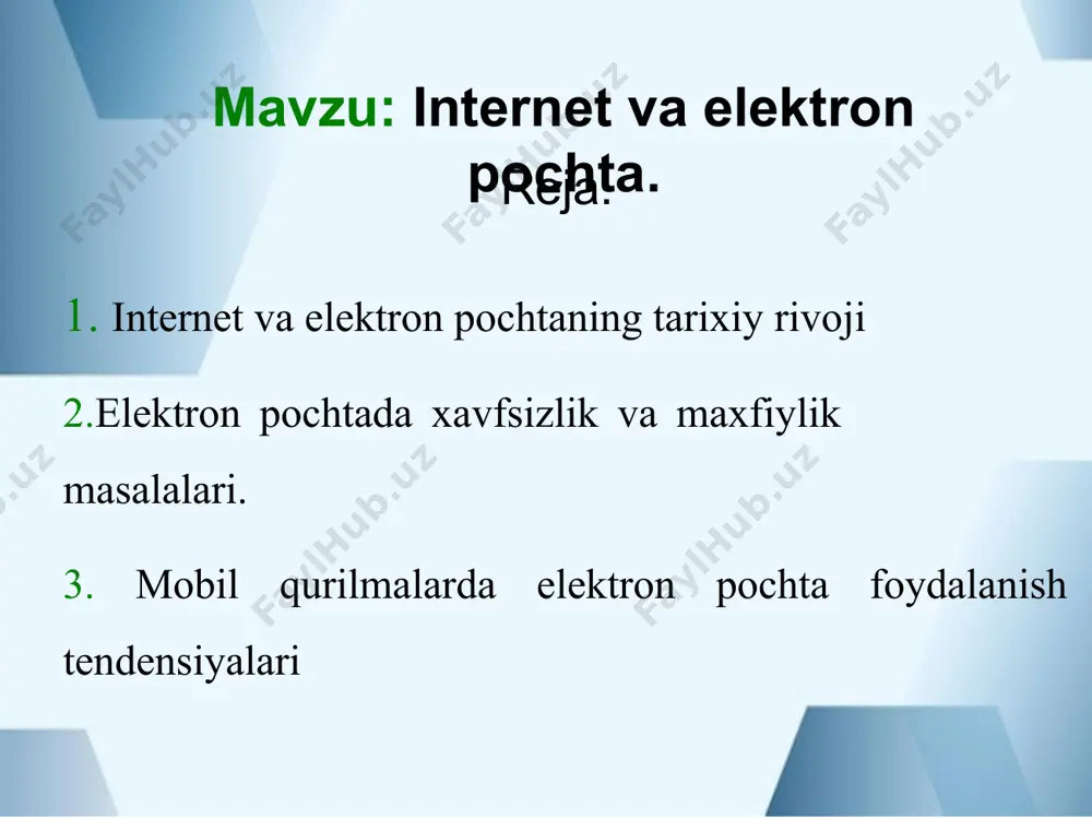 ektron pochta serveridan xabarlarni olish uchun ishlatiladigan protokollardir. - tadbirkorlik sub’ektlarini elektron hujjat aylanishidan foydalanishga, shu jumladan statistika hisobotini taqdim etish, bojxona rasmiylashtiruvi, litsenziyalar, ruxsatnomalar, sertifikatlar berish jarayonlarida, shuningdek davlat organlaridan axborot olish jarayonlarida elektron hujjat aylanishidan foydalanishga o‘tkazish; - naqd bo‘lmagan elektron to‘lovlar, davlat xaridlarini amalga oshirish, masofadan foydalanish tizimlarini va bank-moliya sohasidagi faoliyatning boshqa elektron shakllarini rivojlantirish. hozirgi kunda tadqiqotlar elektron pochta kommunikatsiyasining o'zgaruvchan tabiati, ayniqsa, xavfsizlik va maxfiylik masalalariga qaratilgan. kiber tahdidlarining ko'payishi bilan tadqiqotchilar kuchli shifrlash usullari va foydalanuvchi autentifikatsiya choralarini joriy etish zarurligini ta'kidlamoqda. mobil qurilmalar paydo bo'lishi ham elektron pochta foydalanish tendensiyalariga ta'sir ko'rsatdi, ko'plab foydalanuvchilar o'z elektron pochtalariga smartfonlar va planshetlar orqali kirishmoqda. bu sohada google va microsoft kabi texnologiya gigantlari muhim o'rin tutmoqda, ular foydalanuvchilar uchun tajribani va xavfsizlikni oshirish maqsadida elektron pochta xizmatlarini doimiy ravishda yangilab turishmoqda. elektron hukumatning asosiy prinsiplari. elektron hukumatning asosiy prinsiplari quyidagilardan iborat: - davlat organlari faoliyatining …
