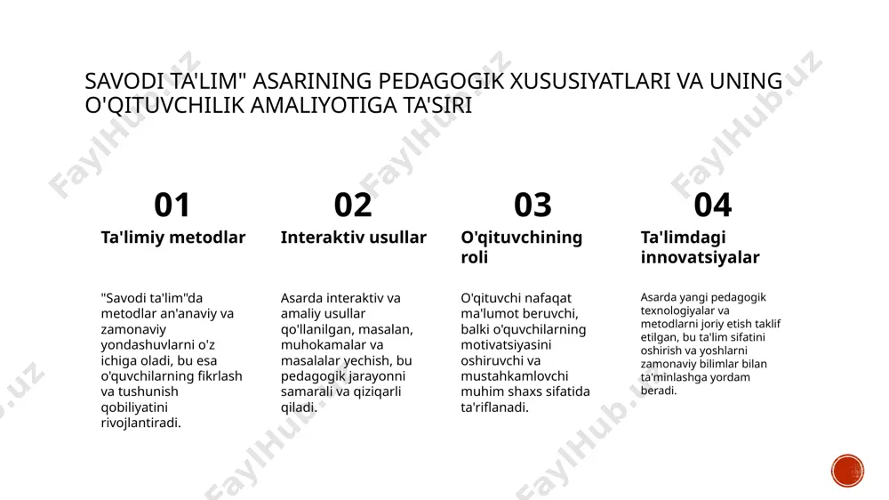 kashifiyning fikrlari yoshlar tarbiyasiga, insoniylik va axloqiy fazilatlarni rivojlantirishga katta ta'sir ko'rsatgan tarixiy merosdir. xulosa 01 ta'limda innovatsion yondashuvlarning ahamiyati munis xorazmiyning "savodi ta'lim" asari ta'lim jarayonida yangi metodlar va vizual usullarni joriy etib, o'qitish samaradorligini oshiradi. 02 axloqiy qadriyatlarning jamiyatdagi roli husayn voiz koshifiyning axloqiy qarashlari halollik, adolat va mehr-shafqatga asoslanib, jamiyatda muvozanat va tinchlikni ta'minlashda muhim rol o'ynaydi. 03 tarixiy va zamonaviy etika bog'liqligi axloqiy qadriyatlar insoniyat tarixida rivojlanib, zamonaviy jamiyatda adolat va mas'uliyatni mustahkamlash uchun asosiy poydevor bo'lib xizmat qiladi. foydalanilgan adabiyotlar 1. jalolov, a. (2018). o'zbek madaniyatida ta'lim va axloqiy qadriyatlar. o'zbekiston milliy universiteti nashriyoti. 2. ismoilov, s. (2020). munis xorazmiyning 'savodi ta'lim' asarining pedagogik ahamiyati. fan va ta'lim muallifi, 15(3), 45-52. 3. kashifi, h. v. (2015). axloqiy qarashlar va ularning etika va madaniyatga ta'siri. toshkent adabiyot va san'at nashriyoti. 4. yusufov, a. (2019). o'zbek madaniyatida tarbiyaviy va axloqiy qadriyatlar. o'zbekiston ta'lim tadqiqotlari jurnali, 7(2), 88-95. …