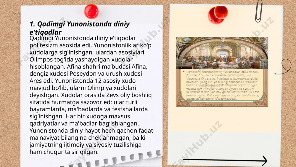 ayol to'quvchilarni tavsiflash va ma'naviy qiziquvchanlikni ifodalashda ishlatilgan. bu ikki ma'budaning hikoyalari o'rgimchaklar va keramika san'ati tarixida muhim o'rin egallaydi. atheta va araxniya timsollari madaniyat va san'at sohalarida chakana mahsulotlar ko'rinishida ham uchraydi. ... t.me/slaydai_bot 7. dionis va sharob xudosi дионис — қадимги юнон мифологиясида шараб ва ҳосилдорлик худоси ҳисобланади. у зевс ва семела ўғли бўлиб, шараб яратиш ва унинг маданиятига асос солган. дионис шарафланиб ўтказиладиган фестиваллар дионисия деб аталади ва уларда театр, мусиқа ҳамда рақс намойишлари бўлиб ўтар эди. бу фестиваллар ҳар йили баҳорда, шарабнинг янги ҳосили билан боғлиқ амалга ошар эди. дионис рамзлари: ток ва шараб қадади, шунингдек, жасаднинг қайта тирилишини ифода этувчи зот ёшариши рамз ҳисобланади. унинг шараб билан боғлиқлиги сабабли дионис инсонларнинг кайфиятини яхшилашга ва эркинлик туйғуларини очишга ишонилади. ... t.me/slaydai_bot hades — qadimgi yunon mifologiyasida o'liklar dunyosining hukmdori. u zevs va poseydon bilan birga kronos va reyaning o'g'li hisoblanadi. o'liklar dunyosi asosan yer ostida joylashgan …