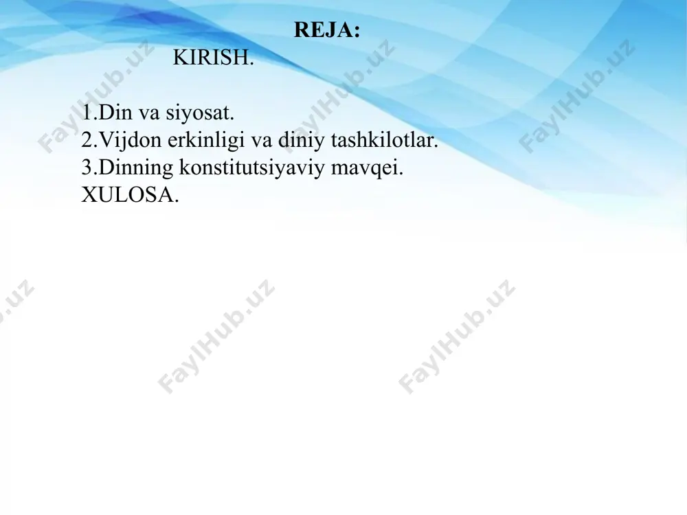 bilan chiqarib bo`lmaydi”. diniy e`tiqodning mohiyati umumiy ekaniga qaramasdan, dinlarning ko`rinishi xilma-xildir. dunyoda juda sodda, qadimiy dinlar qatorida, jaxon ahamiyatiga moliklari ham bor. ular tarixiy zaruratga qarab, turli davrlarda vujudga kelgan. 2010 yilga qadar yer yuzi aholisi 3 ta jaxon va 200 yuzga yaqin milliy dinlarga e`tiqod qilgan. e`tiqod qiluvchilar soniga ko`ra 1-o`rinda buddaviylik yoki buddiyzm turadi. unga 2,5 milliarddan ortiq odamlar sig`inadilar, 2-o`rinda xristianlik (2 milliarddan ortiq), 3-o`rinda islom dini (1milliard 600 milliondan ortiq kishi). dunyodagi dinlarning barchasi ezguvlik g`oyalariga asoslanadi va yaxshilik, tinchlik, do`stlik kabi xususiyatlarga tayanadi. odamlarni halollik, poklik, mehr-shavqat, birodarlik va bag`rikenglikka da`vat qiladi. diniy bag`rikenglik yoki tolerantlik g`oyasi turli xil diniy e`tiqodi ega bo`lgan insonlarning bir zamin va bir vatanda ulug`vor maqsadlarga erishish uchun hamkor, hamjihat yashashni anglatadi. din ijtimoiy hayotni, voqelikni, uning hodisalarini o`ziga xos tarzda aks ettiruvchi ijtimoiy ong shakllaridan biridir. u dastlab inson hayotining ibtidoiy davrida vujudga kelgan va o`sha zaminda yashagan …
