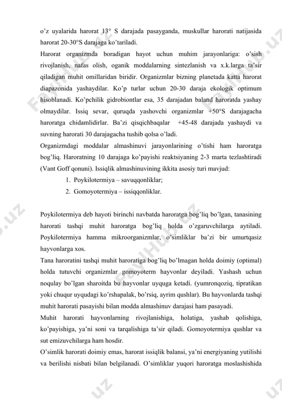 ayta tiklanmasligi kabi fiziologik jarayonlar, tsitoplazmaning kagulyatsiyasi va o’lish. tuproqning qizib ketishi ildiz bo’yinning kuyishiga olib keladi. ko’pgina o’simliklar +70°s darajaga chiday oladi, lekin ayrim o’simliklar +40 +50 darajada nobud bo’ladi. yuqori haroratda o’simliklarning o’lishiga sabab o’simlik to’qimalarida oqsil va aminokislotalarning parchalanish natijasida to’plangan ammiakning tsitoplazmaga zaharli ta’siridir. o’simliklar hayoti uchun haroratning asta – sekin pasayishi ham katta ahamiyatga ega, bunday holda ular qish sharoitiga borgan sari moslashib boradi. bordi-yu, kuzda havo birdaniga sovub ketsa o’simliklar katta zararlanadi. agar harorat yetarli bo’lmasa, o’simlik gullmaydi, hosilga kirmaydi gullagan taqdirda ham mevasi pishib yetilmaydi. ma’lum bir davrda o’simlik tomonidan olingan issiqlik miqdoriga musbat yoki foydali haroratlar yig’indisi deyiladi. o’sish davrida kerakli foydali haroratlar yig’indisi o’simliklar turiga qarab turlicha bo’ladi: masalan: paxta uchun 2000-3000°s, arpa uchun 1600-1900°s, sholi uchun 3500-4000°, yoki ipak qurti uchun 1240°s va h.k. o’simliklarda issiqlikni qaytarish uchun ikki xil moslashuv kuzatiladi: 1. anotomo – morfologik moslashuv – tukchalar bilan …