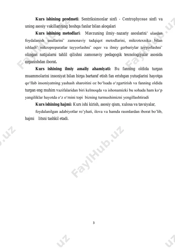 hamda koloniya holida yashaydigan siklotella, kossinodiskus, melozira kabi turlari kiradi. ular turli chuchuk suv havzalarida yashaydi. diatom suv o’tlari rivojlanish davrida zigota, aukksospora, yadro reduksiyasi bosqichlarini o'taydi va nasi beradi. diatom suv o'tlari pansirlar to’plamidan hosil bo'lgan diatom (trepel) sanoatda izolyasion material sifatida buyumlarni tozalab yaltiratishda, dinamid tayyorlashda to’ldiruvchi modda o’mida ishlatiladi. undan parhyezdagi kishilar uchun konditer sanoatida indifferent (nafi yo’q) ovqat tayyorlanadi. 5 ii bob. asosiy qism 2.1. sentriksimonlar sinfi kiradigan turlar haqida sentriksimonlar sovutining shakli va tavaqalarining maxsus belgilari bo‘yicha 4 ta tartibga bo‘linadi. 1. kossinodisklilar (coscinodiscales) 2. talassiozirlilar (talassiosirales) 3. melozirlilar (melosirales) 4. hetoserotlilar (chaetoserotales) kossinodisklilar tartibiga chuchuk suv havzalarida va dengizlarda tarqalgan va plankton hayot kechiruvchi cyclotella kiradi. uzanjirsimon koloniya hosil qiladi. hujayrasi dumaloq, doirasimon qutichaga o’xshash. coscinodiscus radial yoki tangential shakldagi hujayraga ega. tavaqasida tartibsiz joylashgan nuqtalar yoki areolar, ba’zi turlarida tavaqaning chetlarida tukchalar bo‘ladi. melosira turkumi vakillari chuchuk va sho‘r suvlarda bentos va plankton …
