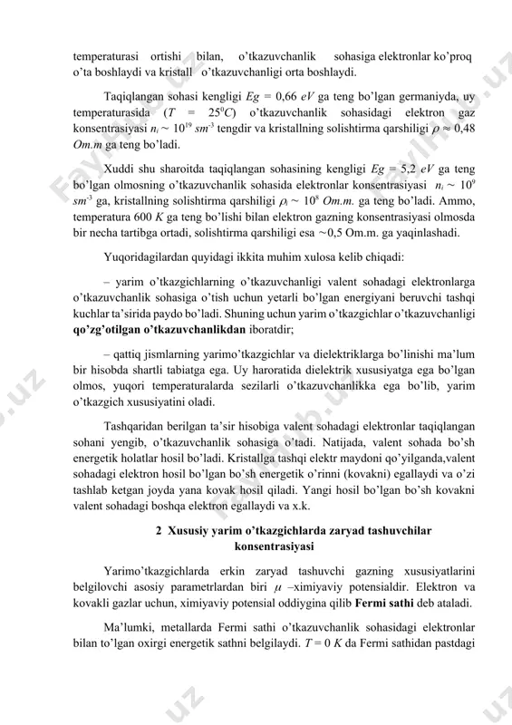 gazlari aynimagan gazlardir va ularning holatlar bo’yicha taqsimlanishi maksvell–bolsman klassik statistikasi bilan ifodalanadi. bundan yarimo’tkazgichlarda erkin zaryad tashuvchilar konsentrasiyasi fermi sathi va temperaturaga bog’liqdir. 3 – rasmda aynimagan yarimo’tkazgichning sohalar tuzilishi keltirilgan. temperatura absolyut noldan sezilarli farqli bo’lganda t = 0 k, bu yarimo’tkazgichning o’tkazuvchanlik sohasida erkin elektronlar va valent sohasida kovaklar hosil bo’ladi. ularning konsentrasiyasini n va p deb belgilaymiz. elektronlar kinetik energiyasining hisob boshi qilib o’tkazuvchanlik sohasining tubini qabul qilamiz. shu sathga yaqin masofada, o’tkazuvchanlik sohasida de energiya oralig’ini ajratib olamiz. 3 – rasm. xususiy yarimo’tkazgichning energetik diagrammasi rasmda xususiy yarim o’tkazgich keltirilgani va elektron gaz aynimagan bo’lganligi sababli, de energiya oralig’idagi dn elektronlar konsentrasiyasini maksvell – bolsman taqsimotiga asoslanib hisoblashga urinib ko’ramiz: , ( 1) , ( 2) , ( 3) , ( 4) , (5) 3 fermi sathi va uning holati aynimagan yarimo’tkazgichlarda – manfiy qiymatga ega bo’ladi va fermi sathi o’tkazuvchanlik sohasining tubidan pastda joylashadi. …