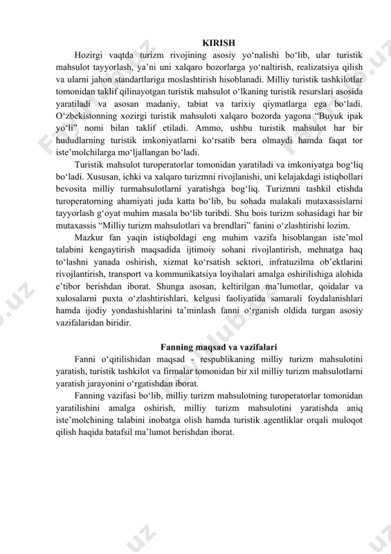 tashqari, kichik bo'lishi mumkin, masalan, kichik qirg'oq kurorti yoki qishloq. aslida, turizm yo'nalishi (destinatsiyasi) atamasi biroz sub'ektivdir va aslida universal ta'rif mavjud emas. boshqacha qilib aytadigan bo'lsak, bir olim aniq bir joy deyishi mumkin boshqasi esa ko’ngilochar tadbir yoki marosim deyishi mumkin. mana mening turistik destinatsiyaning ta'rifi - turistik yo'nalishi (destinatsiyasi) - bu sayyohlarni o'ziga tortadigan va ularga xizmat ko'rsatadigan katta yoki kichik har qanday hudud, bunda turizm daromad ishlab chiqaruvchilardan biri hisoblanadi. dunyo bo'ylab turli xil turistik yo'nalishlar mavjud. lekin biz odatda yo'nalishlarni toifalarga guruhlashimiz mumkin. turistik yo'nalishlarning eng keng tarqalgan toifalari quyidagilar: plyaj zonalari tabiiy hududlar shaharlar va qishloqlar sport maydonchalari madaniyat va meros bilan mashhur hududlar quyida ushbu turdagi turistik yo'nalishlar toifalarining har biri nimani anglatishini tushuntiraman va ko'plab misollar keltiriladi. turizm mahsuloti va milliy turizm mahsuloti haqida tushuncha. sayohat va turizm (travel and tourism) – bir-biriga yaqin tushuncha bo‘lib, ular inson hayot faoliyatining ma’lum bir tarzini …