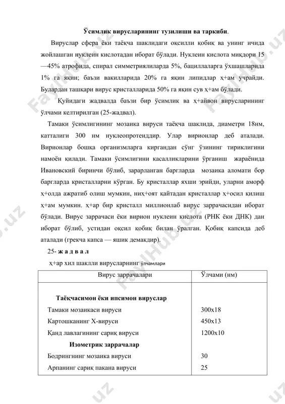 рлар деб аталади. ҳ+ар бир вирусдаги капсомерлар сони доим бир хил бўлади (масалан, полиомиелит вирусида 32 та, тамаки вирусида 2130 та суббирлик мавжуд). капсида билан ўралган нуклеин кислота нуклеокапсида деб аталади. баъзи капсидалар устидан қобиқ билан ўралади, бу қобиқ пеплос деб аталиб, пепломерлардан иборат. баъзи вирусларда пецлос вирус оқсилидан иборат бўлса, бошқаларида эса ҳ+атто липидлар, гликопротеидлар ва ферментлар ҳ+ам учрайди. 1955 йилда x. френкель - конрат ва р. уильямс тамаки мозаикаси вирусини рнк сини ажратиб олдилар ва уни тамаки ўсимлигига юқтирилганда вирус рнк аси юқтирилган ўсимликда мозаика аломатини кузатдилар ва унда янги вирус зарралари синтезланганини исботладилар. тамаки ўсимлигининг вируси нуклеопротеид бўлиб, узунлиги 300 нм ва эни 18 нм ни ташкил қилади узунлиги энидан 17 марта каттадир оқсилининг молекуляр массаси 18000 д бўлиб, 158 та аминокислота қолдиғидан иборат бўлади. вируснинг оқсил қобиғи бирхил шаклдаги суббирликлардан ташкил топади. оқсил қобиқ ичида эса 2.106 д молекуляр массага тенг рнк мавжуддир. тамаки мозаикаси вируси …