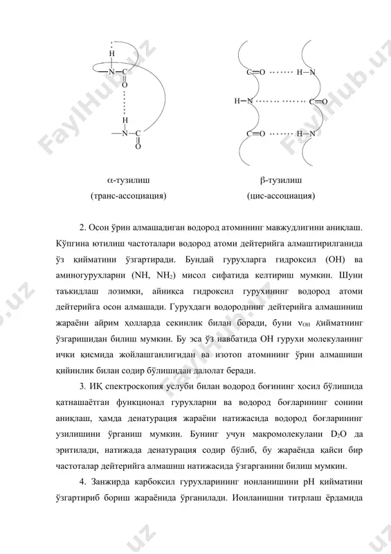 анилади. ионланишни титрлаш ёрдамида ҳам ўрганилса бўлади, аммо айрим гурухларни иқ спектроскопия ёрдамида кўриш мумкин. цистеин молекуласидаги sh гурухи соҳасида бошқа rypyxлap ютилмайди, шунинг учун бу гурухнинг ионли кўриниши спектрда осон топилади. занжирдаги cooh гурухи 1709 см-1 да, аммо – соо- иони эса 1500 ва 1400см-1 да ютилиш частоталарини намоён қилади. 5. қутбланган инфрақизил нур ёрдамида оқсил ва пептидлар намунасининг юпқа қаватида с(о ва n-h гурухларнинг бир-бирига нисбатан қандай йўналганлигини аниқлаш мумкин. бундаги дихроизм ҳодисасини ўлчаш учун қутбланган нур намуна орқали икки хил йўналишда ўтади, натижада айрим частоталар интенсивлигининг ўзгариши аниқланилади. айрим гурухларни бутун молекулага нисбатан қандай йўналганлигини аниқлаш мумкин. полипептидларнинг юпқа қаватида (-спиралли шакл асосий бўлса, nh ва с(о гурухларнинг валент тебраниш йўналиши макромолекула ўқининг йўналиши билан бир хил бўлади, аммо (-тузилишли қаватларда эса валент тебраниш йўналишлари макромолекула ўқига перпендикуляр бўлади. нуклеин кислоталарининг тузилишини иқ спектр ёрдамида ўрганиш анча мураккаб, чунки нуклеин кислота молекуласида турли хил азотли асослар (пурин, …