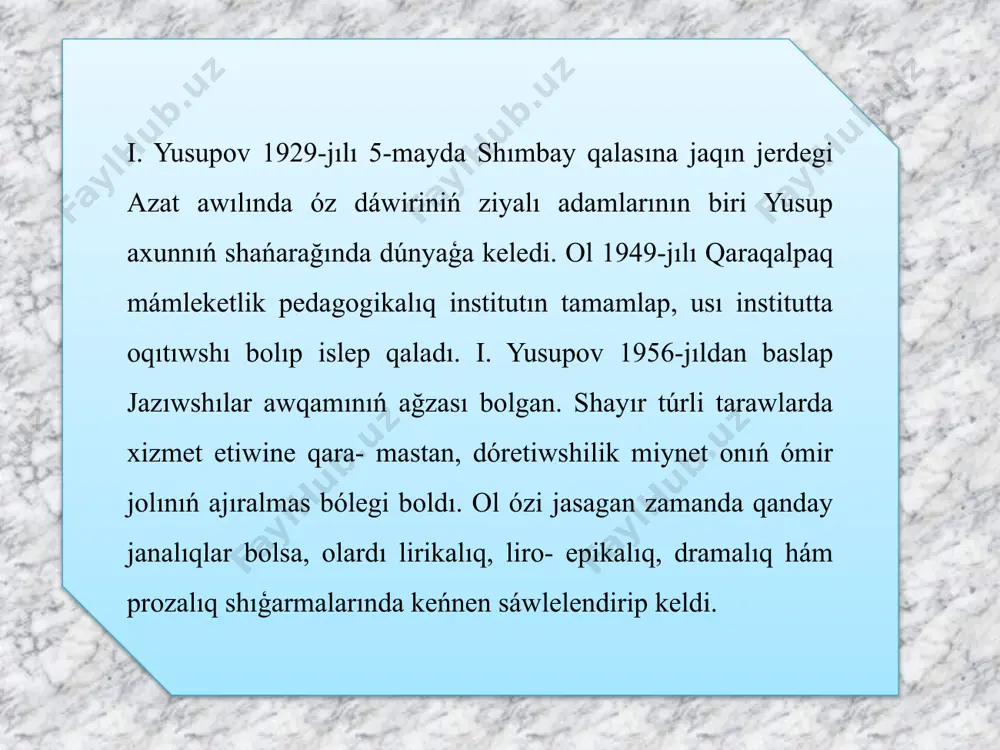 4 – jıldan ómiriniń aqırına deyin respublikalıq ruwxıy hám mádeniy aǵartıw orayınıń baslıǵı bolıp isledi. shayírdíń toplamlarí 1955 – jılı “baxıt lirikası” 1959 – jılı “kún shıǵıs jolawshısına” 1960 – jılı “oylar” 1962 – jılı “jeti asırım” 1963 – jılı “ǵarrı tuttaǵı gúz” (osherk, gúrrińler) 1966 – jılı “dala ármanları” 1971 – jılı “kewil kewilden suw isher” 1974 – jılı “tumaris hám basqa poemalar” 1978 – jılı “yosh” 1982 – jılı “dáwir samalları” 1987 – jılı “alasatlı dúnya bul” 1988 – jılı “duzlı samallar” 1989 – jılı “kewildegi keń dúnya” 1992 – jılı «úmit jaǵısı» 1995 – jılı “begligińdi buzba sen” 1997 – jılı «búlbúl uyası» 2004 – jılı «hár kimniń óz zamanı bar» i̇li̇mi̇y maqalalarí «jas jazıwshı hám zamanǵa sadıqlıq» «dástannan romanǵa shekem» «shayırlardıń danıshpanı maqtımqulı» «azat kúnshıǵıstıń aǵa shayırı» «dala orfeyi» «xalıq shayırı a.dabılov» hám t.b. mámleketli̇k síylíqlarí “miynet qızıl bayraq” ordeni “xalıqlar doslıǵı” ordeni “el – yurt …