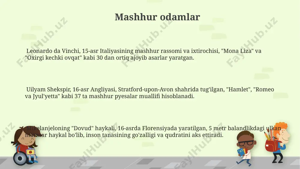 eonardo da vinchi kabi buyuk rassomlar italiyaning florensiya shahrida yashab ijod qilishgan va oʻz asarlari bilan butun dunyoga taʼsir koʻrsatishgan. uygʻonish davri matbaa texnologiyasining ixtirosi bilan bogʻliq boʻlib, gutenbergning 1455 yilda chop etgan muqaddas kitobi kitob nashrining ommaviylashuvida muhim rol oʻynagan. e'tiboringiz uchun rahmat @taqdimot_robot image1.png