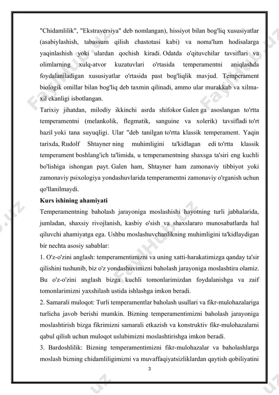a qanday ta'sir qilishini tushunib, biz o'z yondashuvimizni baholash jarayoniga moslashtira olamiz. bu o'z-o'zini anglash bizga kuchli tomonlarimizdan foydalanishga va zaif tomonlarimizni yaxshilash ustida ishlashga imkon beradi. 2. samarali muloqot: turli temperamentlar baholash usullari va fikr-mulohazalariga turlicha javob berishi mumkin. bizning temperamentimizni baholash jarayoniga moslashtirish bizga fikrimizni samarali etkazish va konstruktiv fikr-mulohazalarni qabul qilish uchun muloqot uslubimizni moslashtirishga imkon beradi. 3. bardoshlilik: bizning temperamentimizni fikr-mulohazalar va baholashlarga moslash bizning chidamliligimizni va muvaffaqiyatsizliklardan qaytish qobiliyatini oshirishi mumkin. fikr-mulohazalarga ochiq bo'lish va baholashlardan o'rganish orqali biz doimiy ravishda o'sishimiz va yaxshilanishimiz mumkin. 4. kasbiy o'sish: bizning temperamentimizni professional sharoitlarda baholash jarayoniga moslashtirish yaxshilangan ishlash va martaba ko'tarilishiga olib kelishi mumkin. fikr-mulohazalarni qabul qilish va uni rivojlanish rejalarimizga kiritish professional o'sishimizni tezlashtirishi mumkin. 5. o'zaro munosabatlarni o'rnatish: bizning temperamentimizni tushunish va baholash jarayoniga moslashtirish hamkasblar, do'stlar va oila a'zolari bilan munosabatlarni mustahkamlashi mumkin. fikr-mulohazalarni qabul qilish va xatti-harakatlarimizni shunga moslashtirish orqali biz ijobiy …