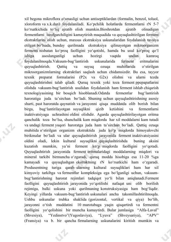 ent va biomassa maxsus pichoq yordamida tozalanadi.baraban filtrlar biomassani ajratish uchun juda qulay, lekin ular past samaradorligi, qo‘polligi va aseptika sharoitlarini ta’minlay olmasligi bilan ajralib turadi.ferment sanoatida ko‘pincha ramali filtr-press ham ishlatiladi. mahsulot qo‘l ishiga asoslangan holda olinadi. ramali filtr-presslarniig filtrlovchi hajmi kichik bo‘lganligi sababli barabanli vakuum-filtrga nisbatan ham kam samaradordir. ramali filtrda filtrlash jarayoni 0,6-0,4 mpa bosim ostida olib boriladi. odatda filtratning birinchi qismi tiniq bo‘lmaydi va u qayta filtrlanadi.filtr-pressning kamchiliklari gorizontal kamerali tipdagi fpakm da birmuncha bartaraf etilgan. u ustma-ust joylashgan filtrlovchi plitalar va filtrlovchi gazlamadan iborat. ushbu uskunaning ishi avtomatlashtirilgan va ish yuzasi 2,5 dan 50 m 2 hajmga ega. nisbiy samaradorligi boshqalariga nisbatan b-8 marta yuqori va ferment faolligi 4-5% atrofida yo‘qotiladi. ularni ishlab chiqarishga joriy qilish juda istiqbolli va bakteriyalar kultural suyuqligini filtrlashda juda qo‘l keladi.ferment sanoatida 8sm tipidagi separatorlar ham keng qo‘llaniladi. ular ichiga baraban o‘rnatilgan idish ko‘rinishida bo‘ladi. barabanlarning ichida silindrik to‘siqlar o‘rnatilgan …