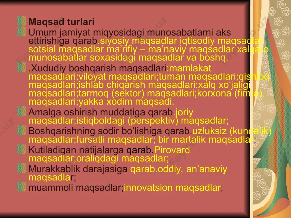 a axborotlarga kira olish huquqi bo‘lishi kerak, buning ustiga tez bo‘lishi muhimdir; xodimlarning ish faoliyati yo‘nalishini o‘zgartirish to‘g‘risidagi qaror ularning ishtrokida, ularning tajribasi, bilimiga asoslangan holda qabul qilinishi kerak; o‘z o‘zini nazorat bo‘lishi kerak; ish jara¸nida xodimlar yangi bilimlarni ola olishi lozim; xodimlardan suvini siqib chiqarish emas, balki ularning tashabbuslarini qo‘llab quvvatlash darkor; xodimlar o‘z mehnatlarining sifati to‘g‘risida axborotga ega bo‘lishlari lozim; har bir xodim o‘z o‘ziga imkoniyat boricha xo‘jayin, boshliq bo‘lishi kerak: har bir kishi muvaffaqiyatga intiladi. motivlashtirish nazariyasiga asoslanib uning turli modellari ishlab chiqilgan va amali¸tda qo‘llanib kelinmoqda. ularning asosiylari qo‘yidagilardir: oqilona (ratsional) model; insoniy munosabatlarni motivlashtirish modeli; kompleks motivlashtirish modeli. motivlashtirish strategiyasini tanlashda uchta yondoshuv mavjud: 1. rag‘batlantirish va jazo strategiyasi, ya’ni, kishilar mukofot olish uchun ishlaydilar: kim ko‘p va yaxshi ishlasa, unga yaxshi to‘lanadi; kim undan ko‘p ishlasa shunchalik ko‘p to‘lanadi; kim sifatsiz ishlasa, u jazolanadi. 2. ish orqali motivlashtirish: xodimga uni qoniqtiradigan ishni bersangiz bas, …
