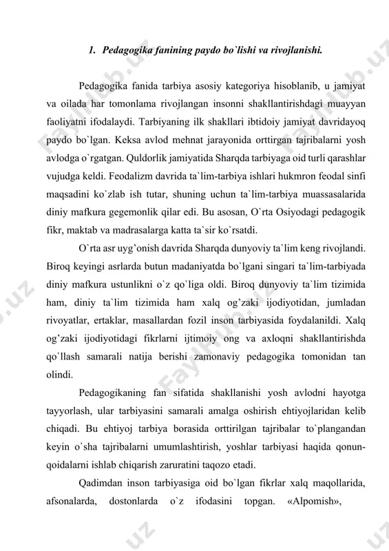 osatnoma», «qutadg’u bilig», «devoni lug’atit turk» kabi doston, masal va ertaklarda rostgo`ylik, ota-onaga hurmat-ehtirom, vatanparvarlik, insonparvarlik kabi tuyg’ular, fazilatlar tarannum etilgan. tarbiya kishilik jamiyati ibtidosida paydo bo`lgan va bashariyat manfaatlari uchun xizmat qilib kelgan. tarbiya avlodlar o`rtasidagi aloqani ta`minlaydi. kattalar o`zlari turmush jarayonida orttirgan tajribalarini o`zidan keyingi avlodga o`rgatib borganlar. kichik avlod esa, faoliyati davomida yangi-yangi muammolarga duch kelib, ularning yechimini topish barobarida bilim va ko`nikmalarni egallab, oldingi avloddan meros qolgan bilimlarini yanada boyitib, o`zidan keyingi avlodga qoldiradi. insoniyat tarixiy taraqqiyot mobaynida katta yo`lni, bu yo`lda u turli ijtimoiy bosqichlarni bosib o`tdi. formasiyalarning o`zgarishi natijasida ish munosabati bilan ishlab chiqarish munosabatlari taraqqiy etdi. bu hol tarbiya jarayonining takomillashib borishiga o`z ta`sirini ko`rsatdi. mustaqil o`zbekiston bugungi kunga kelib jahonga o`z nomini tanitdi. iqtisodiy-siyosiy jihatdan yuksaldi. ayniqsa, mahsulot ishlab chiqarish oshdi, hamkorlikdagi korxonalar kuchaydi. o`zbekiston dunyoning katta bozoriga shaxdam qadam tashladi. shu bilan birga o`zbekistonning rivojlangan mamlakatlar qatoridan o`rin olishida bugun va …