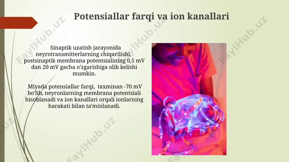 t (density functional theory) metodi yordamida 100 dan ortiq atomli tizimlarning elektron tuzilishini aniq hisoblash mumkin, bu esa materialning elektrokimyoviy xususiyatlarini bashorat qilish imkonini beradi. elektroaktivlikni modellashtirishda potentsial energiya yuzasining (pes) 3d grafik tasviri orqali elektron uzatish jarayonlarini va ularning tezligini vizualizatsiya qilish va tahlil qilish mumkin. elektrofiziologik usullar elektroensefalografiya (eeg) miya faoliyatini 1-100 hz chastotali miya to'lqinlarini o'rganish orqali miya hujayralarining elektr faolligini aniqlaydi. elektrokardiogramma (ekg) yordamida yurak faoliyatining 12 ta standart o'tkazish yo'li orqali 0,1 mv dan 5 mv gacha bo'lgan elektr potentsiallarini o'lchash mumkin. e'tiboringiz uchun rahmat @taqdimot_robot image1.jpg image2.jpg image3.jpg image4.jpg image5.jpg image6.jpg image7.jpg image8.jpg image9.jpg image10.jpg image11.jpg image12.jpg image13.jpg image14.jpg image15.jpg