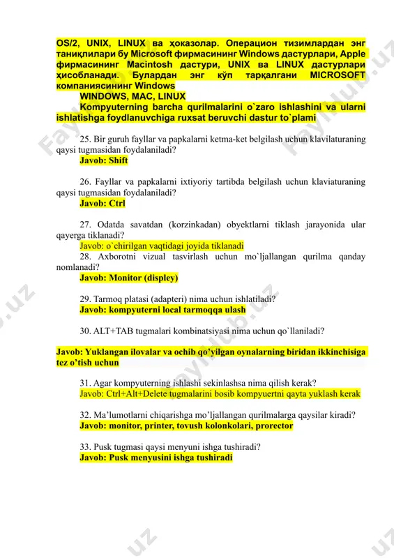 ljallangan qurilma qanday nomlanadi? javob: monitor (displey) 29. tarmoq platasi (adapteri) nima uchun ishlatiladi? javob: kompyuterni local tarmoqqa ulash 30. alt+tab tugmalari kombinatsiyasi nima uchun qo`llaniladi? javob: yuklangan ilovalar va ochib qo’yilgan oynalarning biridan ikkinchisiga tez o’tish uchun 31. agar kompyuterning ishlashi sekinlashsa nima qilish kerak? javob: ctrl+alt+delete tugmalarini bosib kompyuertni qayta yuklash kerak 32. ma’lumotlarni chiqarishga mo’ljallangan qurilmalarga qaysilar kiradi? javob: monitor, printer, tovush kolonkolari, prorector 33. pusk tugmasi qaysi menyuni ishga tushiradi? javob: pusk menyusini ishga tushiradi axborot texnologiyalari sohasida huquqiy aspektlar 1. axborot tizimlari yoki axborot resurslariga kim egalik qilishi mumkin?показать / скрыть текст yuridik yoki jismoniy shaxslar 2.axborot resurslarida saqlanayotgan va ishlov berilayotgan, elektron raqamli imzo bilan tasdiqlangan va qog`oz ko’rinishidagi xujjat bilan bir xil yuridik kuchga ega bo’lgan axborot nima deb ataladi? показать / скрыть текст elektron hujjat 3. o’zbekiston respublikasining ”axborotlashtirish to’g`risida”gi qonuniga muvofiq faoliyat yurituvchi, aloqa va axborotlashtirish sohasini muvofiqlashtiruvchi boshqaruv organi kim? …