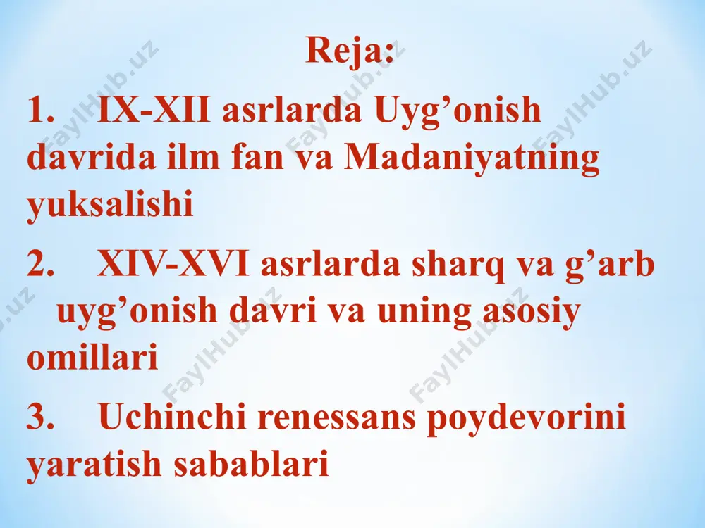 ns-uyg‘onish) ni dastavval shu madaniyat sohiblari italyan gumanistlari ishlatganlar. jumladan italiyalik yozuvchi jovanni bakachcho bu atamani djotto ijodiga qarata, «u antik san’atni uyg‘otdi» deb birinchi bor ishlatgan edi. butun bir davrni anglatuvchi tushuncha sifatida san’at tarixchisi giorgio vazari (1511-1574 y.) tarafidan uning «mashhur san’atkorlar hayotidan lavhalar» kitobida (1550) tilga olingan. bu tushuncha birinchi paytda antik madaniyat an’analarini italiyada «ming yillik yovvoyilikdan so‘ng» tiklanishini anglatib, so‘ngroq ilmiy tadqiqotlarda keng ishlatila boshlandi. temur va temuriylar davri xv-xvi asr uyg’onish davri o'rta osiyo madaniyatida alohida davrni tashkil qiladi. madaniyat tarixida klassik davr hisoblangan bu davr xususan, o'zbek madaniyatining bugungi huquqiy joylashuvida asos bo'lib xizmat qiladi. avvalo, bu davr madaniyati temur asos solgan kuchli davlatchilik tamoyillari asosida shakllangan ijtimoiy-iqtisodiy taraqqiyot bilan bog'liqdir. amir temur davrida o'rta osiyoning mustaqil bir davlat qilib birlashtirilishi mamlakatning iqtisodiy-madaniy taraqqiyotiga ijobiy ta'sir ko'rsatadi. ilm-fan, adabiyot va san'at, hunarmandchilik va me'morchilik ravnaq topdi. mamlakat va poytaxt samarqandning obodonchiligi yo'lida mahalliy …