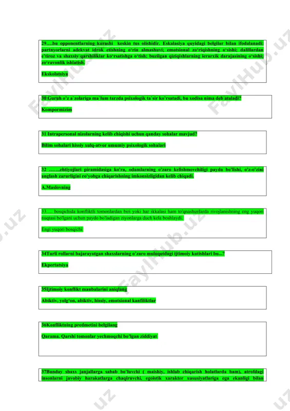 isbatan tutgan o’rinlari, xolatlari (yaqin, uzoq, intim), qiliqlari, mimika, pantomimika, qarashlar, bir-birini bevosita xis qilishlari bu...? nonverbal tasir 44taqlid qilish qonunlari” asari nechanchi yilda chop ettirilgan? 1890 y 45gabriel tard tomonidan yozilgan asar qaysi qatorda to’g`ri ko’rsatilgan? taqlid qilish qonunlari. 46gabriel tard tomonidan yozilgan “taqlid qilish qonunlari” asarida aks ettirilgan hodisalar qaysi davlatda yuz bergan? fransiya 47g.tarddan so’ng olomon psixologiyasini o’rgangan olim kim? g. libon 48shaxsning ommaga qo’shilishida kuzatiladigan holatlarni ko’rsating. shahsiy aqliy sifatlar yoʼnalishi hissiyotlarga beruvchanlik 49muloqot ishtirokchilari o'rtasidagi axborot almashinuvi muloqotning qaysi tarkibiy qismiga tegishli? kommunikativ 50odamlarda 97 xil kulgu turi, 85 xil ko`z qarashlar turi borligini kim kuzatgan? l talstoy 51nizolar oqibatiga ko’ra asosan qanday turlarga ajratiladi? konstruktiv va destruktiv nizolar 52 “simpatiya – insonning boshqa kishiga unchalik anglanmagan munosabati va moyilligidir”, - degan fikr qaysi muallifga tegishli. a.g kovalev 53nuqtalar o‘rniga tushirib qoldirilgan so‘zlarni qo‘ying: “simpatiya– bu boshqa kishilarga nisbatan ......kabi muloqotga undovchi xususiyatlarda namoyon bo’ladi …
