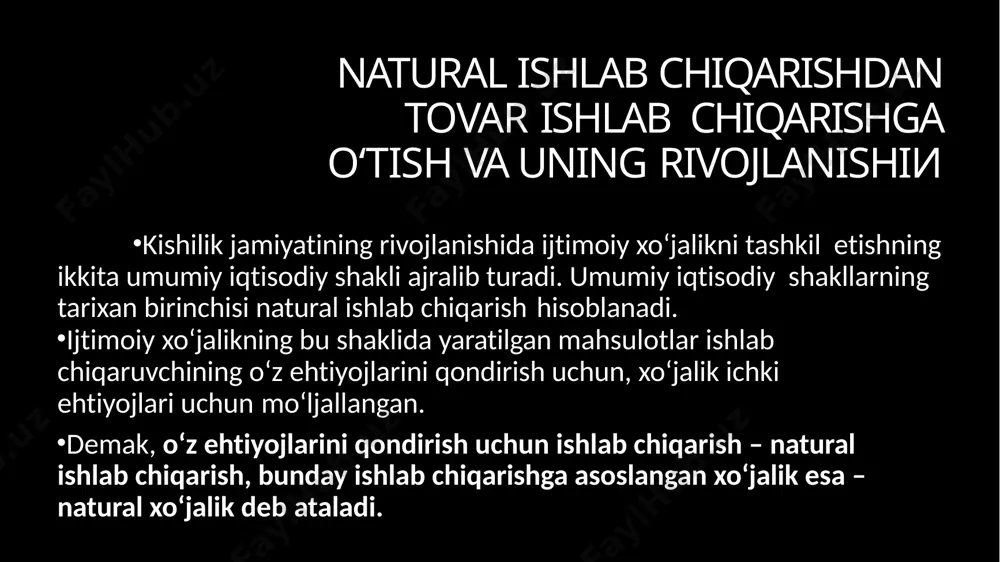 aniqlanadi; shaxsiy va xususiy mulkchilikning shakllanishi, ishlab chiqaruvchilarning iqtisodiy jihatdan alohidalashuvi. bunda ular o‘z mulklari hamda mehnat natijalarini o‘zlari tasarruf qiladilar. iqtisodiy alohidalik xo‘jalik faoliyatiga oid barcha qarorlarni ishlab chiqaruvchining o‘zi hal qilishini bildiradi. xuddi shu ikki holat tovar ishlab chiqarishni zarur qilib qo‘yadi va bozor iqtisodiyoti vujudga kelishining shart- sharoiti hisoblanadi. mehnat mahsuli tovarga, ya’ni bozorda ayirboshlash uchun, sotish uchun tayyorlanadigan narsaga, ishlab chiqaruvchilar esa tovar ikki xususiyatga ega: bir tomondan, u kishilarning qandaydir ehtiyojini qondira oladigan, ikkinchi tomondan esa, boshqa buyumlarga ayirboshlana oladigan buyumdir. boshqacha aytganda, tovar naflilikka (iste’mol qiymatiga) va qiymatga egadir. buyumning iste’mol qiymati uning kishilar uchun nafli ekanligi, muayyan naf keltirishi orqali namoyon bo‘ladi. u shaxsiy iste’mol buyumi yoki ishlab chiqarish vositalari sifatida kishilarning biron-bir narsaga bo‘lgan ehtiyojini qondiradi. tovar qiymatining miqdori tovar qiymatining miqdori ijtimoiy-zaruriy ish vaqti orqali hisoblanadi. ijtimoiy zaruriy ish vaqti muayyan ijtimoiy normal ishlab chiqarish sharoitida va muayyan jamiyatdagi mehnat malakasi …