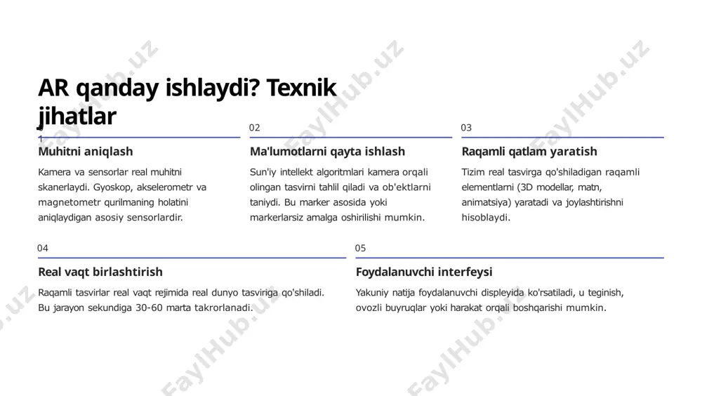 garalarni yo'qotish ar texnologiyasi real va raqamli dunyo chegaralarini asta-sekin yo'qotmoqda. bizning kundalik hayotimiz tobora ko'proq raqamli elementlar bilan boyitilmoqda. ish jarayonlari inqilobi ishlash, o'rganish va ko'ngilochar sohalarda tubdan o'zgarishlar yaratmoqda. har bir soha o'zining ar dasturlarini topmoqda. yangi imkoniyatlar har birimiz uchun ilgari tasavvur qilish qiyin bo'lgan yangi imkoniyatlar eshigini ochmoqda. kreativlik va innovatsiya yangi cho'qqilarni zabt etmoqda. "bugundan ar texnologiyasini qabul qilib, kelajakni yaratamiz! texnologiya bizning qo'limizda - uni to'g'ri yo'nalishda ishlatish bizning mas'uliyatimizdir." ar texnologiyasi nafaqat texnik yutuq, balki inson hayotini yaxshilash uchun kuchli vositadir. u ta'lim, tibbiyot, savdo va boshqa sohalarda inqilob yaratmoqda. muhimi, bu texnologiyani mas'uliyat bilan ishlatish va uning ijtimoiy oqibatlarini hisobga olishdir. image1.jpg image2.png image3.jpg image4.jpg image5.png image6.png image7.png image8.png image9.png image10.png image11.jpg