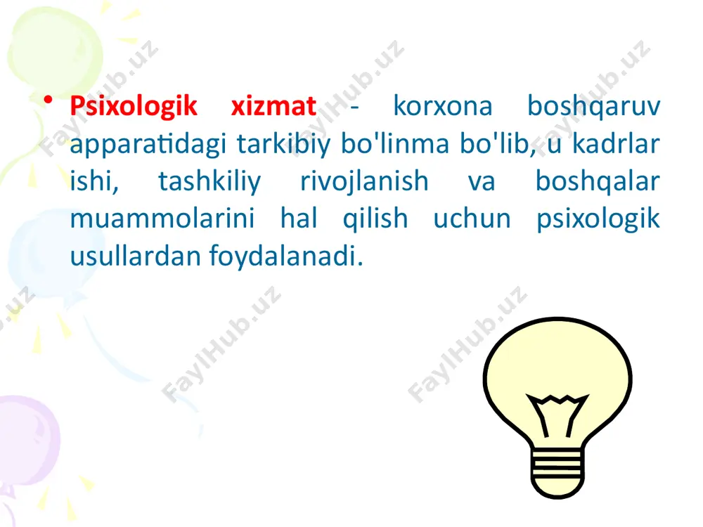 hga intiladi, aniqrog’i voqelikni chuqur tushuntiradi va prognozlaydi. 3. ommaviy bilimlarning muqobil variantlari oz miqdorda bo’lib, ilmiy bilimlar esa muayyan tajribaga tayanadi. 4. ommaviy psixologiyada kuzatish, mushohada, hayotiy tajriba asosida bilimlar to’planadi. ilmiy psixologiyada esa yangi bilimlar tasavvur va ilmiy tafakkur, aniq eksperiment natijasidir. 5. ilmiy psixologiya keng qamrovli, ishonchli va rang-barang faktlarga, ma’lumotlarga asoslanadi. ilmiy bilimlarning umumiy tavsifnomasi uning tizimliligi, tartibliligi, ilmiyligi bilan xarakterlanadi. v.i.slobodnikov va e.i.isaevlar tomonidan “amaliy psixolog” tushunchasini ikki jihatini ajratib ko’rsatadi: 1.amaliy psixolog-amaliy tartib sifatida tabiiy-ilmiy tipdagi akademik tadqiqot psixologiyasiga yo’nalgandir. 2.amaliy psixolog-maxsus psixologik amaliyot sifatida undagi asosiy yo’nalganlik psixikani tadqiq qilishga emas, psixika bilan ishlashga qaratilgandir. “amaliy psixolog o’z nomiga ko’ra, psixologga uni buyurtmachi”lari tomonidan qo’yilgan masalalarni hal qilishga yo’naltirilgan. masalan, qandaydir muassasani boshqaruvi. bu jarayonda psixolog mazkur muassasada faoliyat yuritayotgan mutaxassislarni yaxshiroq ishlashlariga yordam beradi. bundan ko’rinadiki, psixolog o’zini ishlab chiqarishning turli jabhalarida namoyon etishi mumkin. amaliy psixologning faoliyat yuritadigan jabhalari: - mehnat …