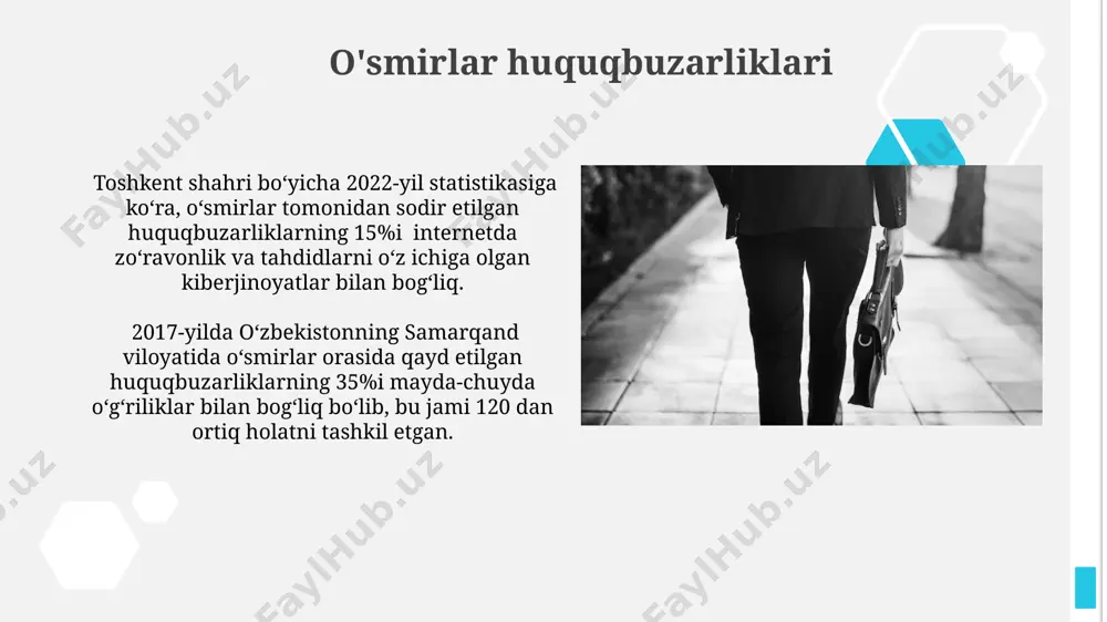 лаштирилган ёшлар сонининг кўпайиши билан боғлиқ. huquqbuzarlik statistikasi 2022 йилда тошкент шаҳрида ёшлар ўртасидаги ҳуқуқбузарлик ҳолатлари 15% га ошганлиги кузатилган, бунинг асосий сабабларидан бири ижтимоий-иқтисодий омиллардир. ўзбекистон республикаси иив маълумотларига кўра, 2021 йилда мамлакат бўйлаб 5000 дан ортиқ вояга етмаган шахслар томонидан содир этилган ҳуқуқбузарлик ҳолатлари қайд этилган. huquqbuzarlikning ta'rifi samarqand viloyatida 2022-yilda huquqbuzarliklar soni 15% ga kamaygan bo‘lsa-da, o‘g‘rilik va xo‘jalik yurituvchi sub’ektlarga nisbatan qilingan huquqbuzarliklar soni hali ham yuqori bo‘lib qolmoqda. toshkent shahrida o‘tkazilgan tadqiqotlar shuni ko‘rsatdiki, huquqbuzarlikning 30%i oilaviy muammolar, 25%i ta’lim muassasalarida yuzaga keladigan omillar bilan bog‘liq. qolgan hollarning sabablari turlicha. huquqbuzarlik bilan kurashish usullari huquqbuzarliklarning oldini olishda ijtimoiy-iqtisodiy omillar, masalan, qashshoqlik va ishsizlikning ta'siri, 2022-yilgi ma'lumotlarga ko'ra, andijon viloyatida 40% ga yetdi. 2017-yilda o'zbekiston respublikasida huquqbuzarlikning oldini olish bo'yicha 5 ta yangi dastur ishlab chiqildi, bu dasturlar toshkent shahri va samarqand viloyatida sinovdan o'tkazildi va 15% ga jinoyatchilikni kamaytirdi. huquqbuzarlikning iqtisodiy oqibatlari 2022-yilda toshkent shahrida …