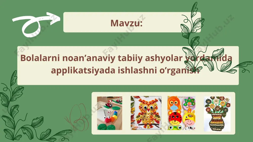 pplikatsiya tasviriy san’at turlari orasida bolalar uchun eng qiziqarli turlaridan biri ekanligi aniqlangan. bolalarni foydalaniladigan qog`ozlarning yorqin ranglari, 26 shakllarni ritmik joylashuvi quvontiradi. qog`oz qirqish va uni elimlash jarayoni bolalarda katta qiziqish uyg`otadi. applikatsiya bajarish jarayonida bolalar yangi bilimlarni egallaydilar, boshqa mashg`ulotlarda olingan tushunchalari mustahkamlanadi. bolalar tasviriy faoliyatining hamma turlari, shuningdek applikatsiya bajarish ham ularda ma’lum bir bilimlarni shakllantirish, ko`nikmalarni rivojlantirish, malakalarni mustahkamlash va shaxs tarbiyasiga yo`naltirilgan bo`ladi. applikatsiya jarayonidagi ta’lim va tarbiyaning asosiy vazifalari bolalarda buyumlar va atrof-muhit haqidagi tasavvurlarini badiiy obrazlar yordamida ifodalash ko`nikmalari shakllanadi. pedagog bolalarni badiiy ijodga o`rgatish jarayonida ularni atrofimizdagi olamga estetik munosabatda bo`lish, bolalar ruhiy taassurotlarining boyishi, individual qiziqishlari, qobiliyatlarining shakllanishiga yordamlashishi kerak. applikatsiya mashg`ulotlari bolalarning estetik sezgilari, sensor harakatlarini rivojlantirish masalalarini hal qilishga yo`naltiriladi: barcha sezgi organlarining rivojlanishi (ko`rish, eshitish, harakatlanish, fazo va vaqtni qabul qilish); harakat uyg`unliklarining shakllanishi; ko`rish va harakaktlanish organlarining uyg`unlikda harakatlarining rivojlanishi; hodisa va ob’ektlarning tez va tabaqalashtirib qabul …