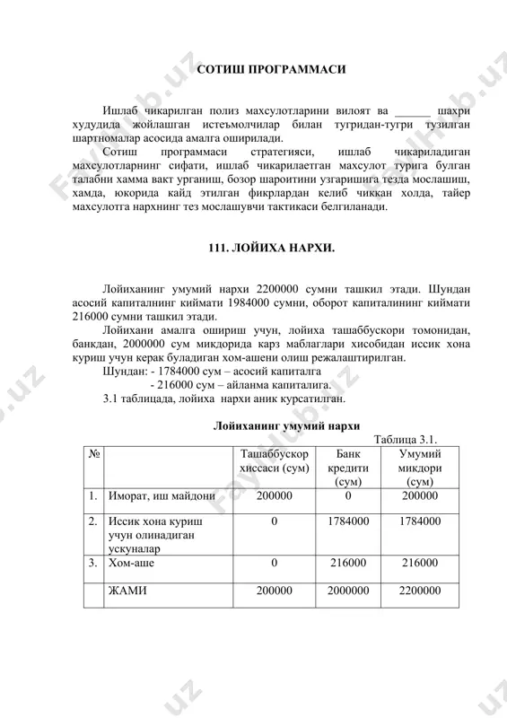 лга ошириладиган лойиханинг, биринчи навбатда, тушаетган талабга караб, ишлаб чикариладиган махсулотлар ассортименти ва номенклатурасини киска муддат ичида узгартириш, мослаштириш, махсулотларни ишлаб чикаришда, ишлаб чикаришнинг ички харажатларининг пастлиги, ракобатга бардош бериш имкониятига эга булишини кафолатлайди. сотиш программаси ишлаб чикарилган полиз махсулотларини вилоят ва ______ шахри худудида жойлашган истеъмолчилар билан тугридан-тугри тузилган шартномалар асосида амалга оширилади. сотиш программаси стратегияси, ишлаб чикариладиган махсулотларнинг сифати, ишлаб чикарилаетган махсулот турига булган талабни хамма вакт урганиш, бозор шароитини узгаришига тезда мослашиш, хамда, юкорида кайд этилган фикрлардан келиб чиккан холда, тайер махсулотга нархнинг тез мослашувчи тактикаси белгиланади. 111. лойиха нархи. лойиханинг умумий нархи 2200000 сумни ташкил этади. шундан асосий капиталнинг киймати 1984000 сумни, оборот капиталининг киймати 216000 сумни ташкил этади. лойихани амалга ошириш учун, лойиха ташаббускори томонидан, банкдан, 2000000 сум микдорида карз маблаглари хисобидан иссик хона куриш учун керак буладиган хом-ашени олиш режалаштирилган. шундан: - 1784000 сум – асосий капиталга - 216000 сум – айланма капиталига. 3.1 …