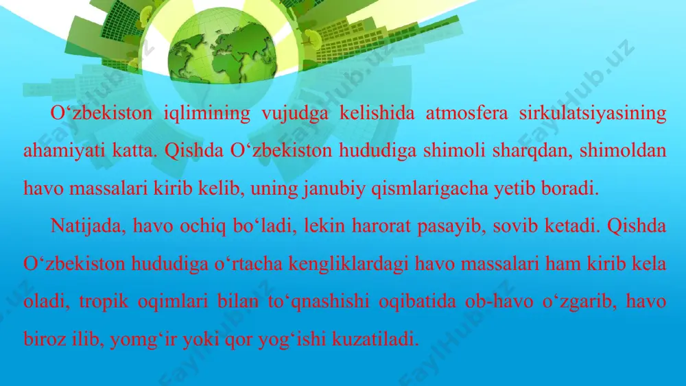 sm (eng qalini 1,5—2,0 m)ni tashkil etadi. o‘zbekiston tekislik qismida yillik yog‘inga nisbatan mumkin bo‘lgan bug‘lanish bir necha marta (toshkentda 3,5 marta, nukusda 27 marta) ko‘p. this presentation uses a free template provided by fppt.com www.free-power-point-templates.com shamollar. o‘zbekiston hududiga yil davomida shimolig‘arbiy, shimoliy va g‘arbiy shamollar esib turadi. o‘zbekistonning shimoliy qismida shimoli-g‘arbiy, shimoliy va shimoli-sharqiy shamollar, janubiy qismida esa ko‘proq janubig‘arbiy shamollar harakat qiladi. yozda o‘zbekistonga shimoli g‘arbdan, shimoldan va g‘arbdan shamollar esadi. this presentation uses a free template provided by fppt.com www.free-power-point-templates.com ammo tekislik qizib ketganligi tufayli yog‘in vujudga kelmaydi, aksincha, tog‘ tomon ko‘tarilgan sari havo sovib borishi oqibatida bulutlar hosil bo‘lib, yog‘in yog‘adi. o‘zbekistonda yana mahalliy tog‘-vodiy, bekobod (xovos), qo‘qon, afg‘on shamollari esib turadi. tog‘-vodiy shamollari o‘zbekistonning barcha vodiylarida kuzatiladi. bunda kunduzi vodiydan tog‘ga, kechasi tog‘dan vodiyga tomon esadi. this presentation uses a free template provided by fppt.com www.free-power-point-templates.com bekobod shamoli qishda farg‘ona vodiysida bosim yuqori, g‘arb tomonda …