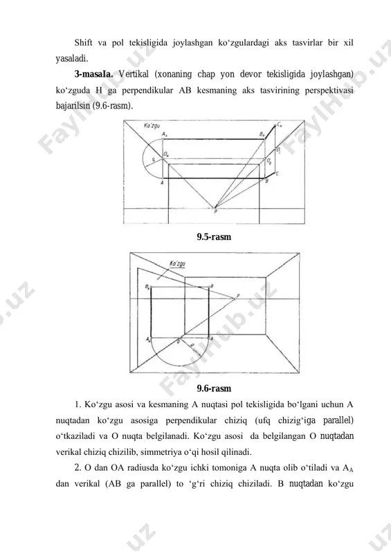 joylashgan. a va в nuqtalardan ko‘zgu tekisligiga perpendikular chiziqlar o‘tkazilib, ularga оa va oab masofalar o‘lchab qo‘yilgan. kesmaning o‘zi va aksi davom ettirilsa, ular ko‘zgu tekisligidagi 2 nuqtada kesishadi. perspektivada ob nuqta f1 bilan tutashtirib davom ettirilsa, b2 chiziqni о nuqtada kesadi. ob radiusda chizilgan yoy 3 nuqtani aniqlaydi. 3 nuqta f1 bilan tutashtirilsa bf5 chiziqni kesib, ba nuqtani hosil qiladi. 2 nuqta ba bilan tutashtirilib davom ettirilsa, af5 chiziqda a nuqtaning aksi aa topiladi. ushbu sxemaga muvofiq perspektivada quyidagi ishlar bajariladi. 1. qoidaga binoan p dan vertikal chiziqda s' nuqta aniqlanadi va f1 dan f1s' radiusda yoy chizilib, ufq chizig‘ida f3 nuqta topiladi. ko‘zguning og‘ish φ burchagi f3 dan o‘lchab qo‘yiladi va f5 nuqta aniqlanadi. f3 dan f3f5 ga perpendikular qilib chiziq o'tkazilsa, f1f5 ning ostida pasayuvchi chiziqlarning uchrashish nuqtasi f4 topiladi. 2. a nuqta f1 bilan tutashtirilib, ko‘zgu asosiga perpendikular chiziq o'tkaziladi va 1 nuqta topilib, undan f41 …