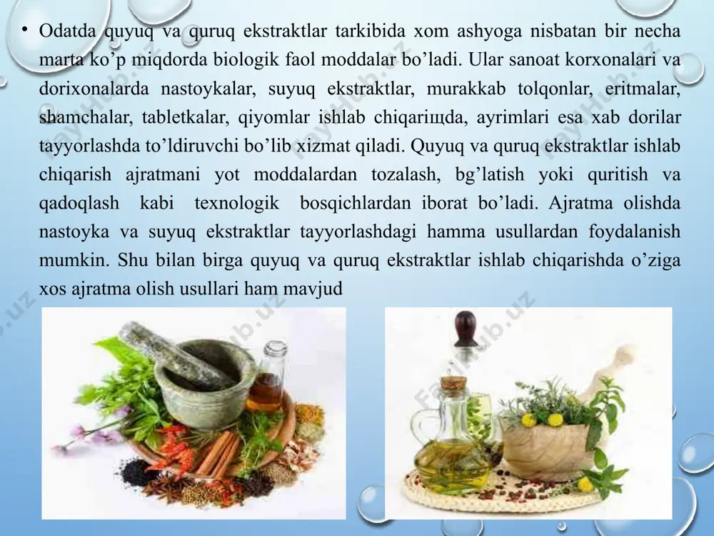 bug’lanib ketadi natijada energiya sarflashga xojat qolmaydi. xladoplarning bu xossalari ekstrakt ishlab chiqarishda ajratuvchi sifatida keng ko’lamda ishlatish imkoniyatini beradi. ajratuvchi sifatida freonlar, suyultirilgan karbonat angidrid ishlatiladi. ular yordamida ajratma olish zich (germetik) berkitilgan yuqori bosmiga (55 atm) bardosh bera oladigan asboblarda, 20—25c xaroratda olib boriladi. suyultirilgan karbonat angidrid gazidan ajratma olishda foydalanish. buning uchun maxsus po’latdan yasalgan uchta ekstraktor, suyuq karbonat angidrid gazi saqlanadigan idish, to’plagich, bug’latgich va kondensatordan tashkil topgan va o’zaro zich berkitiladigan qurilmadan foydalaniladi. ajratmalarni yot moddalardan tozalash. ajratma olingan vaqtida xom ashyo va ajratuvchi tabiatiga, olinish usullariga qarab ma‘lum miqdorda xar xil yot moddalar (pektin, shilliq moddalar, oqsil) ajralib chiqadi. ajratmani quyultirishdan oldin ularni tozalash lozim. yot moddalar tabiatiga va miqdoriga qarab xar xil tozalash usullari qo’llaniladi. masalan: ajratmani salqin joyda bir necha kunga qoldirib keyin suziladi, ma‘lum vaqtdan keyin ma‘lum miqdorda (2-20%) adsorbetlar bilan tozalanadi. ajratma xom ashyo mikdoriga nisbatan yarim qolguncha 6ug’latiladi, sovutiladi. …