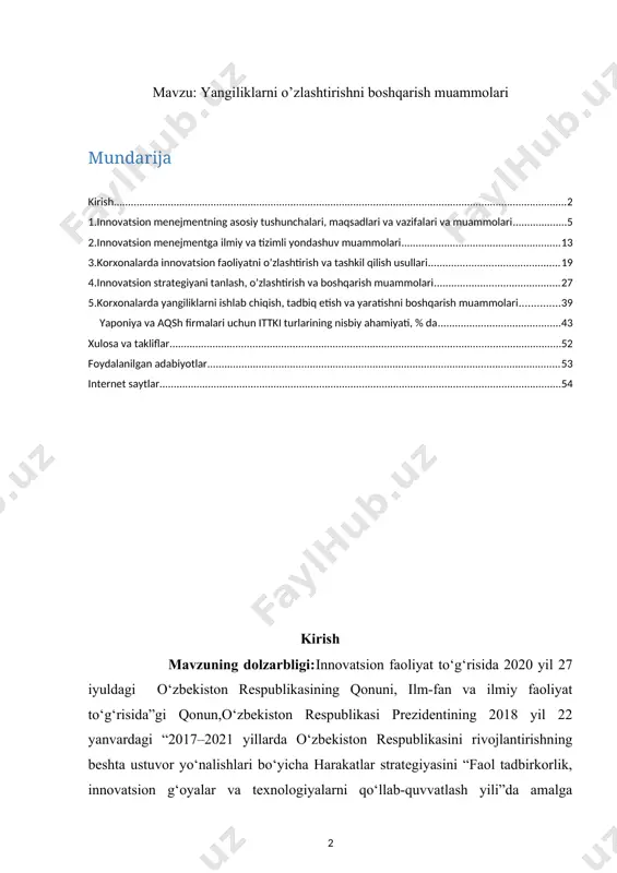 ishga doir qo‘shimcha chora-tadbirlar to‘g‘risida» 2020 yil 13 oktabrdagi pq-4862-son qarorlari, “o‘zbekiston respublikasi iqtisodiy taraqqiyot va kambag‘allikni qisqartirish vazirligi huzuridagi tadbirkorlikni rivojlantirish agentligi faoliyatini samarali tashkil etish to‘g‘risida ” 2021 yil 17 fevraldagi o‘zbekiston respublikasi vazirlar mahkamasining qarori kabi myoriy hujjatlar shular jumlasidandir. ushbu hujjatlarni qabul qilishdan maqsad tadbirkorlik faoliyatini rivojlantirish, yangi tadbirkorlarni vujudga keltirish va rivojlantirish uchun qulay shart-sharoitlar yaratish, innovatsion tizimning salohiyati va samaradorligini oshirishga ko‘maklashish, innovatsiyalar uchun qulay bo‘lgan normativhuquqiy, moliyaviy va axborot muhitini yaratishdan iborat. shuningdek, sanoatda raqobatbardoshlik va mahsuldorlikni oshirish, yuqori texnologiyali mahsulotlar ulushini oshirishni rag'batlantirish, ishlab chiqarishni ko'paytirish va ishlab chiqarish va eksport tarkibida ulushni oshirish, innovatsion texnologiyalar va ilg'or boshqaruvni qo'llashni kengaytirishdir. bugun rivojlanishning innovatsion modellari va “aqlli” texnologiyalar amalga oshirilayotgan mamlakatlar eng muvaffaqiyatli va barqaror hisoblanadi. bunday mamlakatlarning barqaror taraqqiyoti, ularning jahon bozorlarida raqobatbardoshligi tabiiy resurslarni eksport qilish va jismoniy mehnatdan foydalanishga emas, balki innovatsion g‘oyalar va ishlanmalarga asoslanadi. ushbu mamlakatlarda innovatsion …