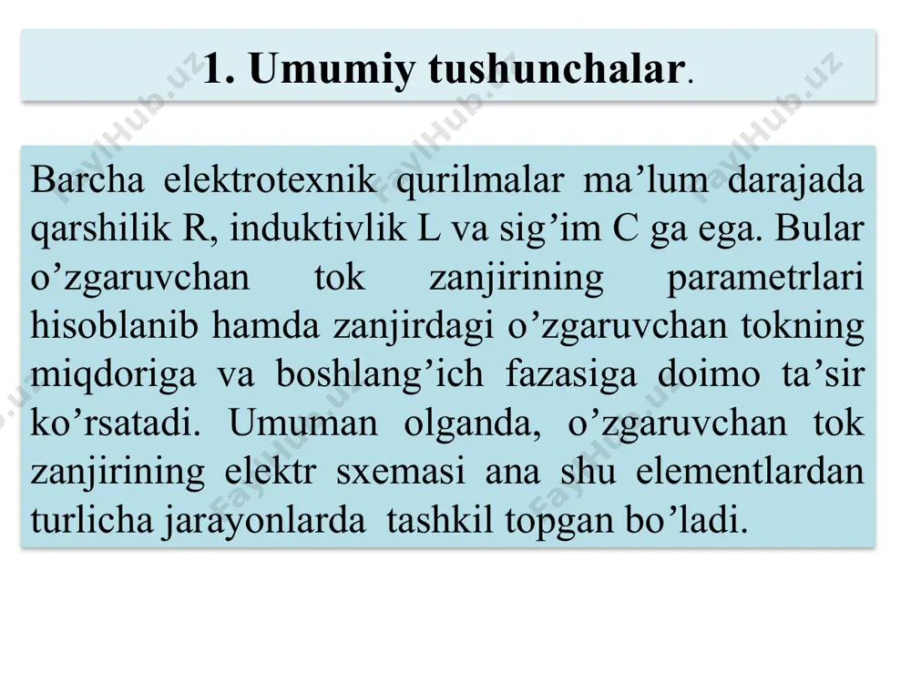 ktr muvozanat tenglamasi bo’ladi. u holda, om qonuniga binoan zanjirdagi tok: bu yerda shunday qilib, ifodalardan koʼrinib turibdiki, aktiv qarshilikli zanjirda kuchlanish bilan tokning oʼzgarishi sinusoidal boʼlib, ularning fazalari oʼzaro mosdir. binobarin, kuchlanish bilan tok grafiklari va vektorlari orasidagi faza siljish burchagi (1-rasm b,v) indutiv g’altak ulungan oʼzgaruvchan tok zanjiri аksariyat elektrotexnik qurilmalarning asosiy qismini induktiv gʼaltaklar (asinxron dvigatellar, transformatorlar va b.) tashkil qiladi. real induktiv gʼaltak oʼzining induktivligi l dan tashqari, aktiv va sigʼim qarshiliklarga ham ega. аmmo zanjirdagi fizikaviy jarayonlarni aniq tasavvur qilish uchun berilgan induktiv gʼaltak (ideal induktiv gʼaltak) induktivlikdangina iborat, yaʼni =0, =0, deb faraz qilinadi. аgar berilgan induktiv gʼaltakdan sinusoidal tok oqib oʼtayotgan boʼlsa (2 - rasm, a), u holda tok hosil qilgan oʼzgaruvchan magnit oqimi ф = фm sin ning taʼsiridan gʼaltakda doimo oʼzinduktsiya eyuk(el) mavjud boʼladi. el gʼaltakning induktivligi va tokning oʼzgarish tezligiga bogʼliq, yaʼni (1) tenglamaning oʼng tomoni oldidagi minus ishora lents …