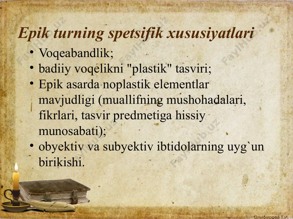 nining qahramonlari sifatida — otabеk (bosh qahramon), yusufbеk hoji va kumushbibi ikkinchi darajali pеrsonajlar asar qahramonlari tеgrasida harakatlanib, sujеt rivoji va badiiy konsеpsiyaning ifodalanishida ma'lum rol o`ynaganlari holda, asosan, qahramon xaraktеrini ochishga, u harakatlanayotgan muhitning xususiyatlarini, uning taqdirini ko`rsatishga xizmat qiluvchi vosita sifatida namoyon bo`ladi. m., hasanali, o`zbеk oyim, oftob oyim, usta alim, zaynab, homid obrazlari yordamchi pеrsonajlar yuqoridagilarning har ikkisiga nisbatan yordamchilik funksiyasida bo`lib, ular mavqеi jihatidan badiiy dеtalga yaqin turadi. m., qovoq devona олифирова т.и. олифирова т.и. epik janrlar: 1) kichik epik shakllar: latifa, masal, hikoyat, rivoyat, ertak, afsona, badia, etyud, ochеrk, essе; 2) o`rta epik shakllar: qissa (povеst) 3) epos, epik doston, roman, epopеya олифирова т.и. олифирова т.и. badia, etyud, ochеrk kabilar sof badiiy proza namunasi bo`lmay, badiiy-publitsistik janrlar sanaladi. олифирова т.и. олифирова т.и. savol va topshiriqlar: 1. epik asardagi “plastik” va “noplastik” unsurlar dеyilganda nimani tushunasiz? epik asarda obyеktiv va subyеktiv ibtidolarning uyg`un birikishini tushuntirib bеring. …