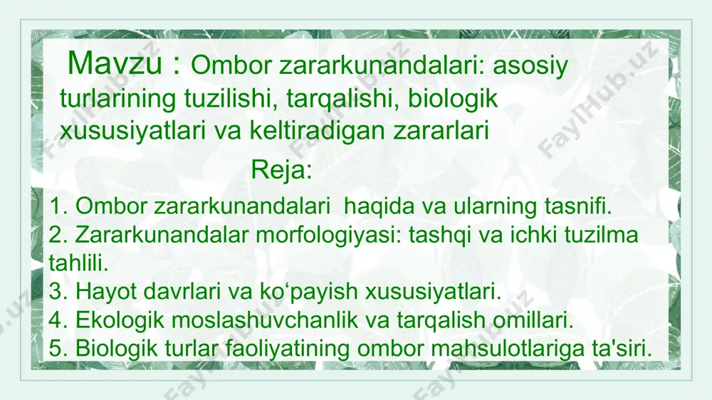 etish bo‘yicha muhim tavsiyalarni beradi. zararkunandalar bilan kurashish bo‘yicha ilg‘or texnologiyalar va profilaktik choralarning tadbiqi orqali ishlab chiqaruvchilar, eksportyorlar va logistika korxonalari o‘z faoliyatining samaradorligini oshirishlari mumkin. shuningdek, ushbu ilmiy yondashuv sanitariya va ekologik xavfsizlikni ta’minlashda ham muhim rol o‘ynaydi. ombor zararkunandalari — nafaqat omborning o‘ziga, balki unda saqlanayotgan mahsulotlarning sifatiga, iqtisodiy qiymatiga va iste’molchilarning salomatligiga ham bevosita ta’sir ko‘rsatadi. bir qarashda oddiy hasharot yoki mayda kemiruvchi kabi ko‘ringan bu organizmlar, aslida yirik oziq-ovqat sanoati va savdo tizimlariga millionlab zarar yetkazishi mumkin. ularning yashirin faoliyati natijasida mahsulotlar sifatini yo‘qotadi, oziqlik qiymati kamayadi, hatto ayrim hollarda butun partiya mahsulot iste’molga yaroqsiz holga keladi. ombor zararkunandalari son jihatidan ham, turlar xilma-xilligi jihatidan ham nihoyatda boy. ularning ayrimlari mahsulotlarning tashqi qismiga zarar yetkazsa, boshqalari esa ichki qismiga kirib, ko‘rish va aniqlashni qiyinlashtiradi. ombor zararkunandalari turli guruhlarga bo‘linadi. ular orasida qattiqqanotlilar, kapalaklar, kenjalar, kemiruvchilar va zamburug‘lar eng keng tarqalganlaridan hisoblanadi. har bir guruh vakillari …