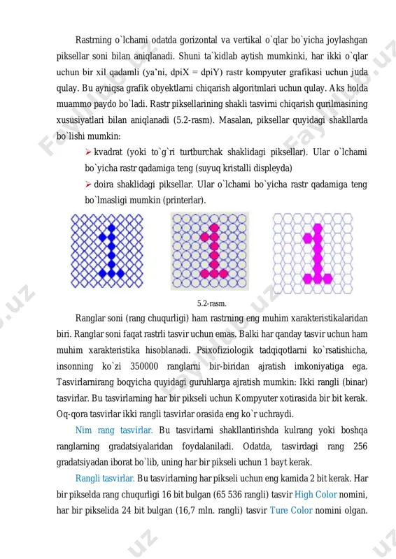 cha rastr qadamiga teng bo`lmasligi mumkin (printerlar). 5.2-rasm. ranglar soni (rang chuqurligi) ham rastrning eng muhim xarakteristikalaridan biri. ranglar soni faqat rastrli tasvir uchun emas. balki har qanday tasvir uchun ham muhim xarakteristika hisoblanadi. psixofiziologik tadqiqotlarni ko`rsatishicha, insonning ko`zi 350000 ranglarni bir-biridan ajratish imkoniyatiga ega. tasvirlarnirang boqyicha quyidagi guruhlarga ajratish mumkin: ikki rangli (binar) tasvirlar. bu tasvirlarning har bir pikseli uchun kompyuter xotirasida bir bit kerak. oq-qora tasvirlar ikki rangli tasvirlar orasida eng ko`r uchraydi. nim rang tasvirlar. bu tasvirlarni shakllantirishda kulrang yoki boshqa ranglarning gradatsiyalaridan foydalaniladi. odatda, tasvirdagi rang 256 gradatsiyadan iborat bo`lib, uning har bir pikseli uchun 1 bayt kerak. rangli tasvirlar. bu tasvirlarning har pikseli uchun eng kamida 2 bit kerak. har bir pikselda rang chuqurligi 16 bit bulgan (65 536 rangli) tasvir high color nomini, har bir pikselida 24 bit bulgan (16,7 mln. rangli) tasvir ture color nomini olgan. kompyuterlarning grafik tizimlarida har bir piksel 32,44 …