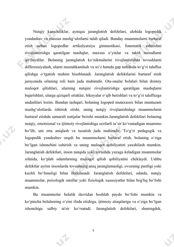 tlarining sabablari turlicha bo‘lishi mumkin, jumladan, genetika, fiziologik omillar, nutqiy rivojlanishdagi kechikishlar yoki travma natijasida yuzaga keladigan jarohatlar. bunday defektlar bilan shug'ullanish uchun maxsus terapiya va qo‘llab-quvvatlash zarur. nutq terapevtlari, psixologlar va o‘qituvchilar birgalikda jaranglatish defektlarini aniqlash va bartaraf etish uchun kompleks yondashuvlarni qo‘llashlari kerak. jaranglatish defektlari insonning nutqiy va ijtimoiy rivojlanishida muhim ahamiyatga ega. ularning bartaraf etilishi, shaxsning o‘zini ifoda etish qobiliyatini oshirish, ijtimoiy aloqalarini kuchaytirish va umumiy hayot sifatini yaxshilashga yordam beradi. nutq va tovushlarni rivojlantirish uchun olib boriladigan kompleks ishlar, jaranglatish defektlari bilan kurashishda muhim rol o‘ynaydi. jaranglatishtirish (fonatsion) nuqsonlari nutq tovushlarini to‘g‘ri talaffuz qilish qobiliyatining buzilishi bilan bog‘liq bo‘lib, bu muammo bolalar va kattalar orasida uchraydi. ushbu nuqsonlar fonatsiyaning to‘liq shakllanmagani, ovoz paychalari va nafas olish tizimi faoliyatining buzilishi, shuningdek, markaziy yoki periferik nerv tizimidagi muammolar bilan bog‘liq bo‘lishi mumkin. jaranglatish defektlari orasida disfoniyalar, afoniyalar, burun tovushliligi (rinolaliya) va boshqa buzilishlar mavjud. disfoniya ovoz kuchi va …