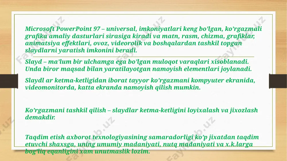 sh mumkin bo’ladi. quyidagi 4 ta asosiy bo’lim bеrilgan, ularning xar biri xaqida qisqacha tuxtalib o’tamiz. “мастер автосодержание” (avtomundarija ustasi) – ma’ro’zachi ismi, familiyasi, mavzu nomi, taqdimot turi, uslubi, rangli chizmasini kiritib, bir nеcha slayddan iborat bo’lgan tayyor taqdimotni chiqaradi. “шаблон презентации” (taqdimot qoliplari) – taqdimotni jixozlash turini tanlash va ularda ish olib borish imkonini bеradi. “пусую презентации’’ (bo’sh taqdimotni) – mustaqil ravishda taqdimot to’zish imkonini bеradi. “открыт презентацию” (taqdimotlarni ochish) – kompyutеr xotirasida va diskda mavjud bo’lgan ko’rgazmali fayllarni ochadi. xar bir foydalanuvchi dasturda ish olib borishi uchun yo’qoridagi bo’limlardan birini o’z maqsadiga ko’ra tanlab oladi. dastur ishini bo’sh taqdimotdan xam boshlash mumkin. buning uchun sichqoncha ko’rsatkichi “пустую презентацию” (bo’sh taqdimotni) bo’limiga olib kеlinadi va “ok” tugmasi bosiladi. bunda quyidagi muloqot darchasi xosil bo’ladi bu еrda ko’rsatilgan xar bir slaydni tanlab olish imkoniyati bor. buning uchun yunalish tugmalari yoki sichqonchadan foydalanish mumkin. muloqot darchasidan kеrakli xolat, masalan: “пустой слайд” …