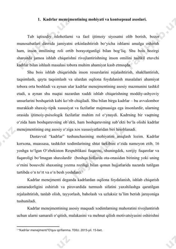 alashtirish, optimal psixologik muhitni yaratish, jamoat fikrini o‘rganish), psixologik uslub esa alohida kadrlarga (psixologik tanlab olish, kadrlarni o‘rganish va baholash usullari va h.k.) ta’sir ko‘rsatishga mo‘ljallangan. kadrlar menejmenti tizimining asosi kadrlar siyosati bo‘lib, u uzoq istiqbol uchun hisoblangan kadrlarni takomillashtirish chizig‘ini, strategik qarorlarda ifodalangan eng muhim qat’iy tartib va ko‘rsatmalarning yig‘indisi bilan aniqlanadigan kadrlar xizmatidagi bosh yo‘nalishini o‘zida namoyon etadi. kadrlar siyosatini amalga oshirish vositasi esa kadrlar xizmati bo‘lib, u jamiyat tomonidan xo‘jalik faoliyatida qo‘yilgan vazifalarni xodimlardan optimal foydalanish va ularni rivojlantirish yo‘li bilan echishga qaratilgan. hozirgi sharoitlarda kadrlar menejmenti bir nechta o‘zaro bog‘langan bosqichlarni o‘z ichiga oladi. 1. kadrlar menejmentining samarali tizimini ishlab chiqish (mazkur turdagi menejmentning predmeti, vazifasi va mazmuni, muayyan tashkilot uchun uning asosiy yo‘nalishlari, tamoyillari va usullarini aniqlash). 2. kadrlar menejmenti mexanizmini va tegishli tashkiliy tuzilmasini shakllantirish (optimal tuzilmani va kadrlar xizmati shtatlarini ishlab chiqish, kasbiy tayyorlash va kadrlar bo‘yicha menejerlarning kasbiy jihatdan muhim xususiyatlari tuzilmasini …