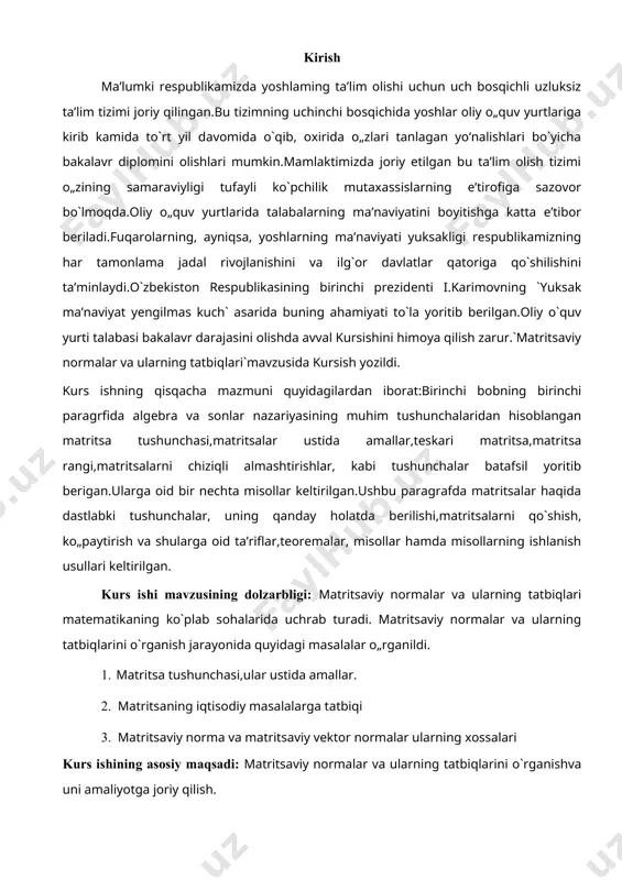sa tushunchasi matritsa tushunchasi va unga asoslangan matematikaning `matritsalar algebrasi` bo‘limi amaliyotda, jumladan, iqtisodiyotda katta ahamiyat kasb etadi. bu shu bilan tushuntiriladiki, aksariyat iqtisodiy ob’ekt va jarayonlarning matematik modellari matritsalar yordamida sodda va kompakt ko‘rinishida tasvirlanadi. maxsulotni rejadagi hajmini ishlab chiqarish uchun ketadigan xom ashyolar hajmi va ularning umumiy narxi topilsin. yechish. s ± xom ashyoning sarf hajmini topaylik: birlik. s 2 xom ashyo uchun s2 = 3-1 00 + 2-8 0 + 4-1 3 0 = 98 0 birlik. shu sababli,s xom ashyoning sarf hajmini quyidagi matritsa satr ko„rinishida ifodalash mumkin. /2 3\ s = c-a = (1 00 80 1 3 0) (5 2 ) = (73 0 980) u holda hom ashyoning sarf narxi q=730■ 3 0 + 980 ■ 5 0 = 709 00 pul birligi, matritsa ko„rinishida quyidagicha yozish mumkin. q=(s ■b) = ( ca)b = (70900) matritsa tushunchasi birinchi marta ingliz matematiklari u.gamilton (18051865 …