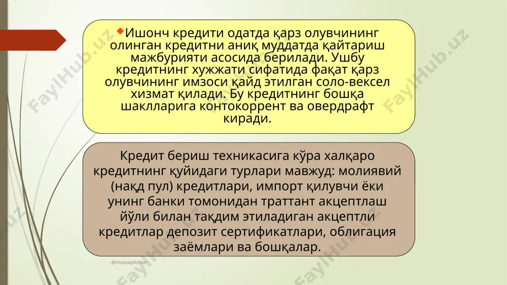 лар - товарлар ва капиталлар харакатининг узлуксиз ва доимий харакат қилинишини таъминланишига хизмат қилади. халқаро кафолатлар импортёрларни сифатсиз товарлар қабул қилишдан, экспортёрларни эса, товарлар хақини ололмай қолиш хавф-хатаридан сақлайди. халқаро кафолатлар халқаро операцияларнинг барча асосий турларида қўлланилади, жумладан, халқаро кредитлар бўйича бериладиган кафолатлар; экспорт-импорт операциялари бўйича бериладиган кафолатлар; тўғри ва портфелли инвестициялар бўйича бериладиган кафолатлар. @mustaqilishlar image1.png /docprops/thumbnail.jpeg