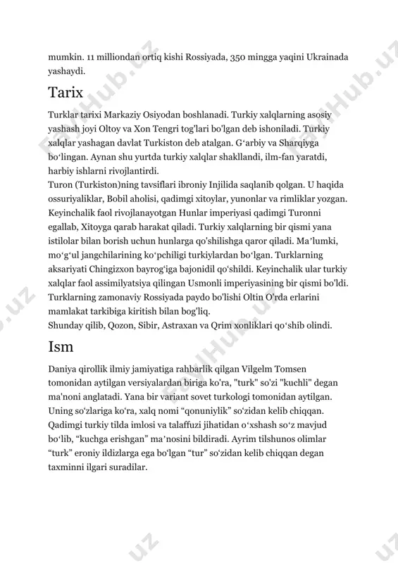 ntina, yaponiya, buyuk britaniya va fransiyada uchratish mumkin. 11 milliondan ortiq kishi rossiyada, 350 mingga yaqini ukrainada yashaydi. tarix turklar tarixi markaziy osiyodan boshlanadi. turkiy xalqlarning asosiy yashash joyi oltoy va xon tengri tog'lari bo'lgan deb ishoniladi. turkiy xalqlar yashagan davlat turkiston deb atalgan. gʻarbiy va sharqiyga boʻlingan. aynan shu yurtda turkiy xalqlar shakllandi, ilm-fan yaratdi, harbiy ishlarni rivojlantirdi. turon (turkiston)ning tavsiflari ibroniy injilida saqlanib qolgan. u haqida ossuriyaliklar, bobil aholisi, qadimgi xitoylar, yunonlar va rimliklar yozgan. keyinchalik faol rivojlanayotgan hunlar imperiyasi qadimgi turonni egallab, xitoyga qarab harakat qiladi. turkiy xalqlarning bir qismi yana istilolar bilan borish uchun hunlarga qo'shilishga qaror qiladi. maʼlumki, moʻgʻul jangchilarining koʻpchiligi turkiylardan boʻlgan. turklarning aksariyati chingizxon bayrog‘iga bajonidil qo‘shildi. keyinchalik ular turkiy xalqlar faol assimilyatsiya qilingan usmonli imperiyasining bir qismi bo'ldi. turklarning zamonaviy rossiyada paydo bo'lishi oltin o'rda erlarini mamlakat tarkibiga kiritish bilan bog'liq. shunday qilib, qozon, sibir, astraxan va qrim xonliklari qoʻshib olindi. ism …